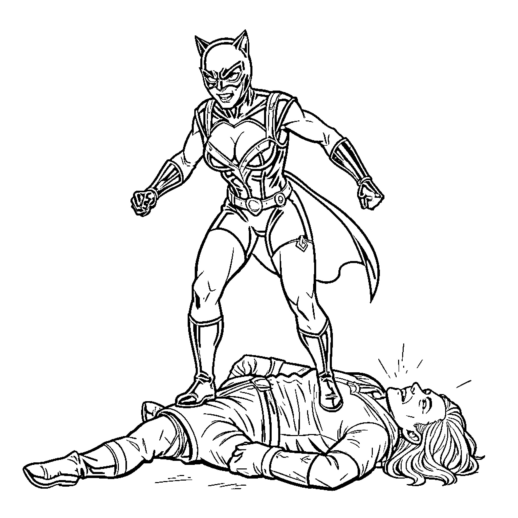 Catwoman standing over fallen opponent Coloring Page (free black-and-white line drawing printable PDF for all, from beginners to advanced learners, including children, teens, adults, and seniors)