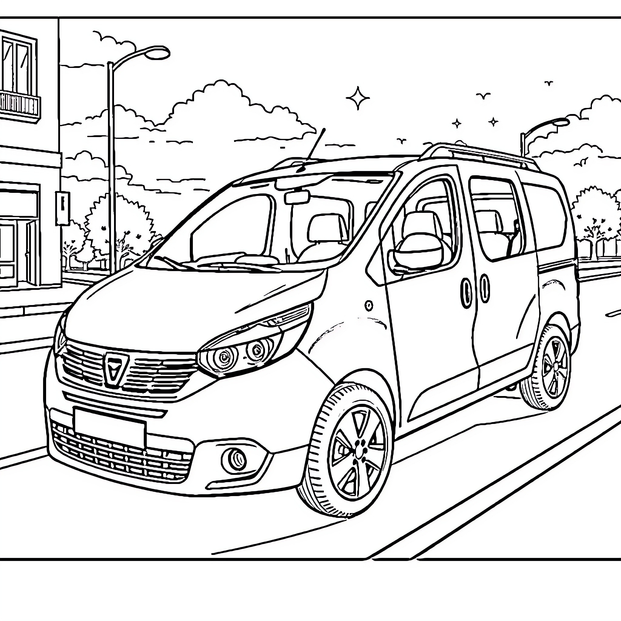 Dacia Jogger parked on a city street Coloring Page (free black-and-white line drawing printable PDF for all, from beginners to advanced learners, including children, teens, adults, and seniors)