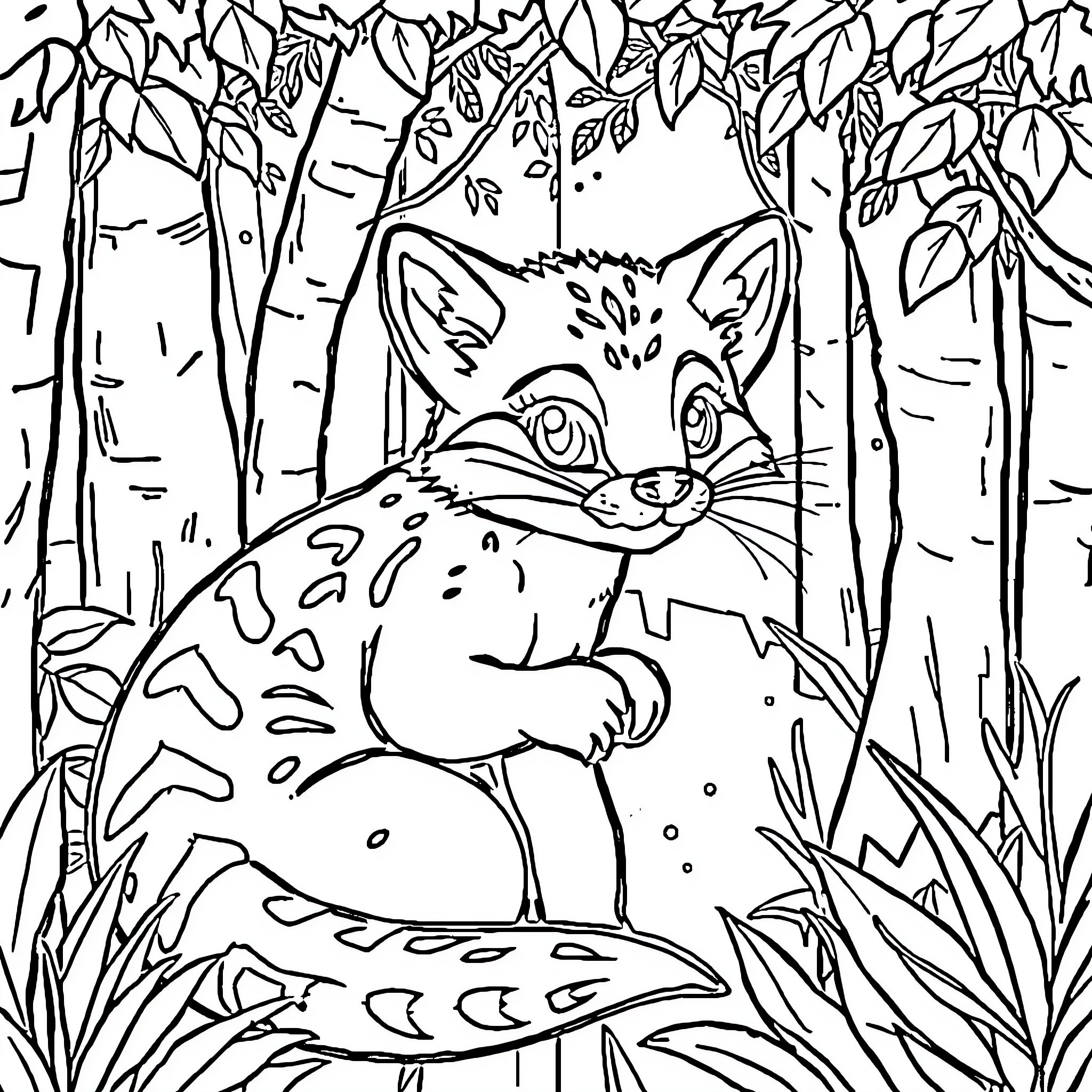 Fox exploring the forest foliage Coloring Page (free black-and-white line drawing printable PDF for all, from beginners to advanced learners, including children, teens, adults, and seniors)
