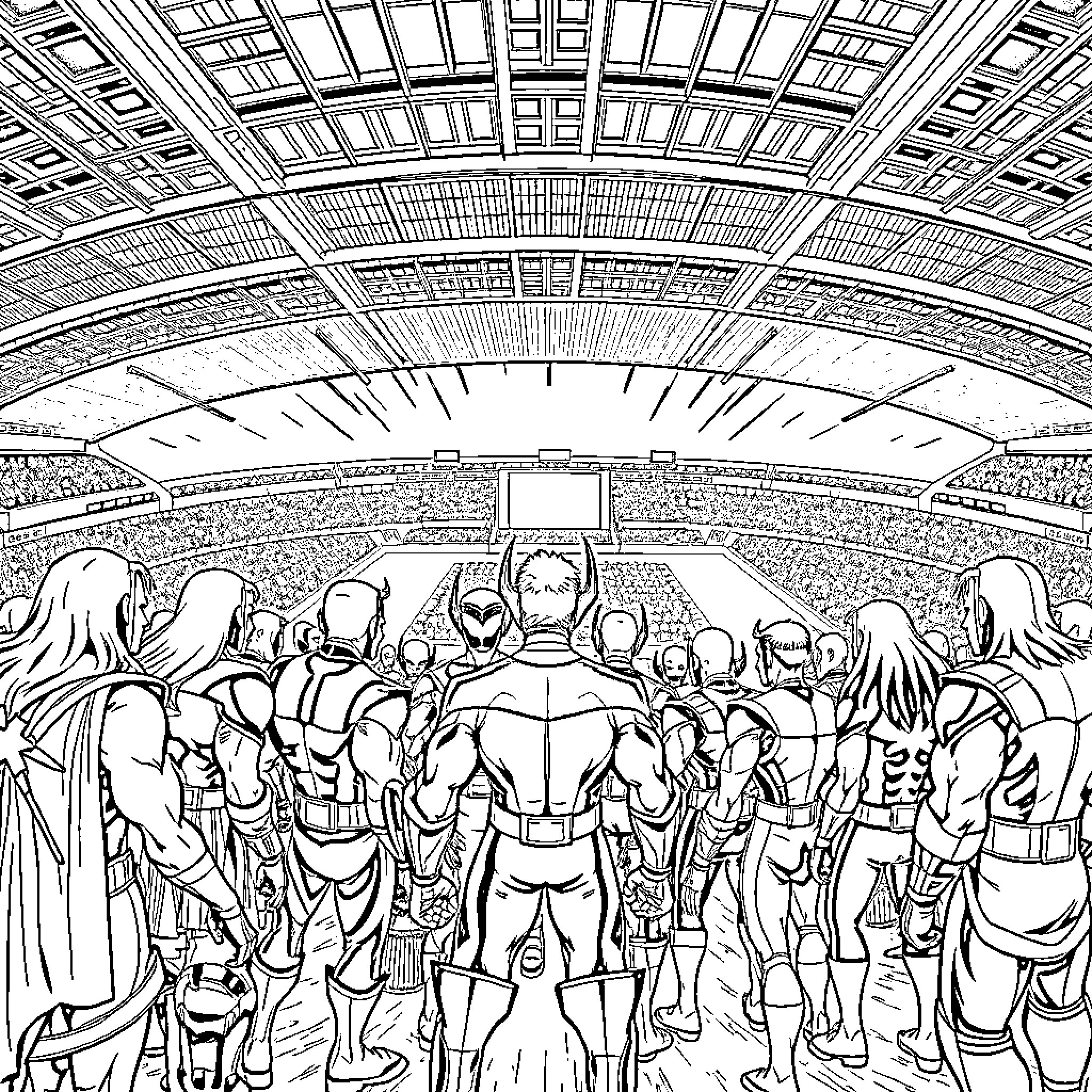 X-Men superheroes standing together in a large arena Coloring Page (free black-and-white line drawing printable PDF for all, from beginners to advanced learners, including children, teens, adults, and seniors)