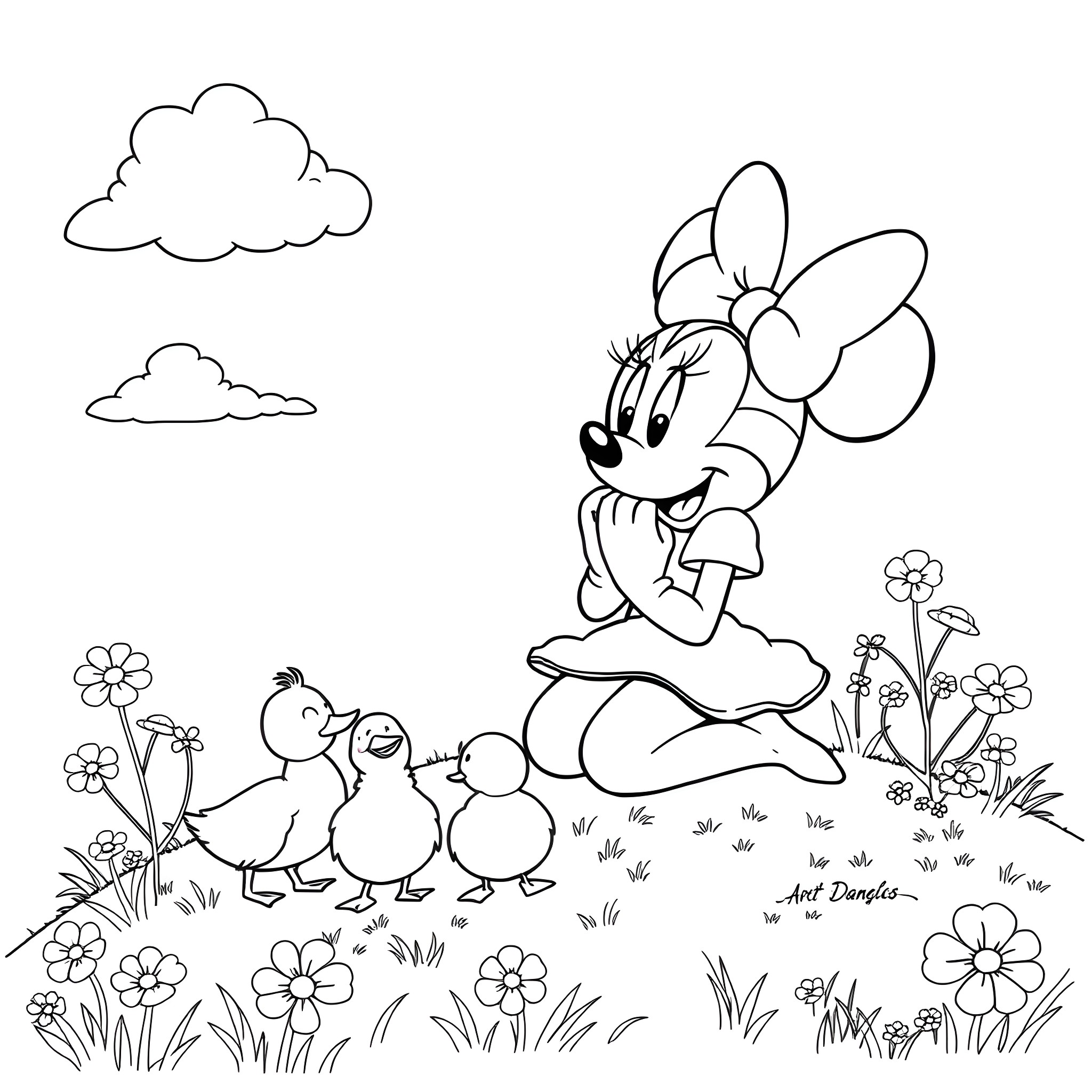 Minnie Mouse enjoying spring with baby chicks Coloring Page (free black-and-white line drawing printable PDF for all, from beginners to advanced learners, including children, teens, adults, and seniors)