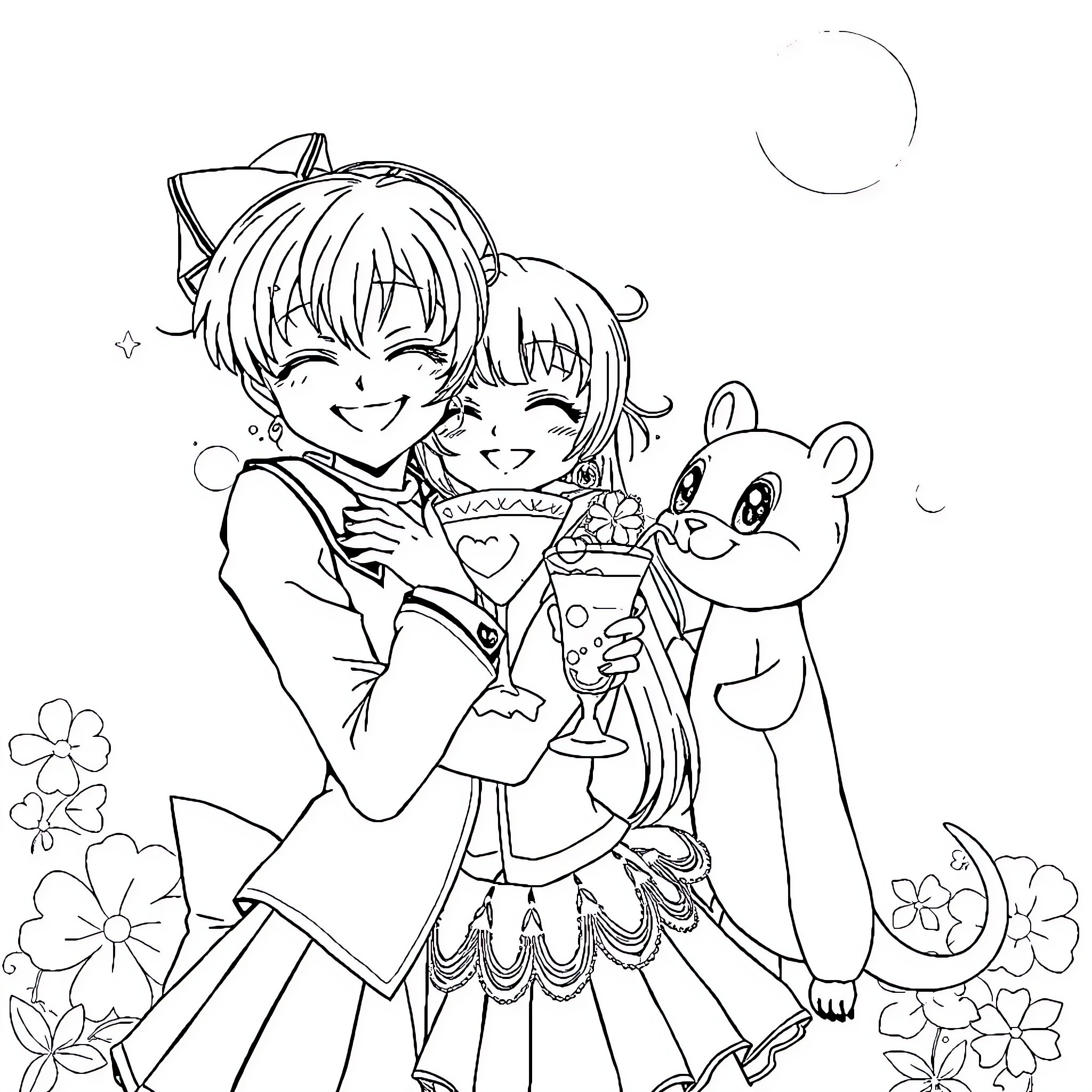 Cardcaptor Sakura's Joyful Outing with Magical Friends Coloring Page (free black-and-white line drawing printable PDF for all, from beginners to advanced learners, including children, teens, adults, and seniors)