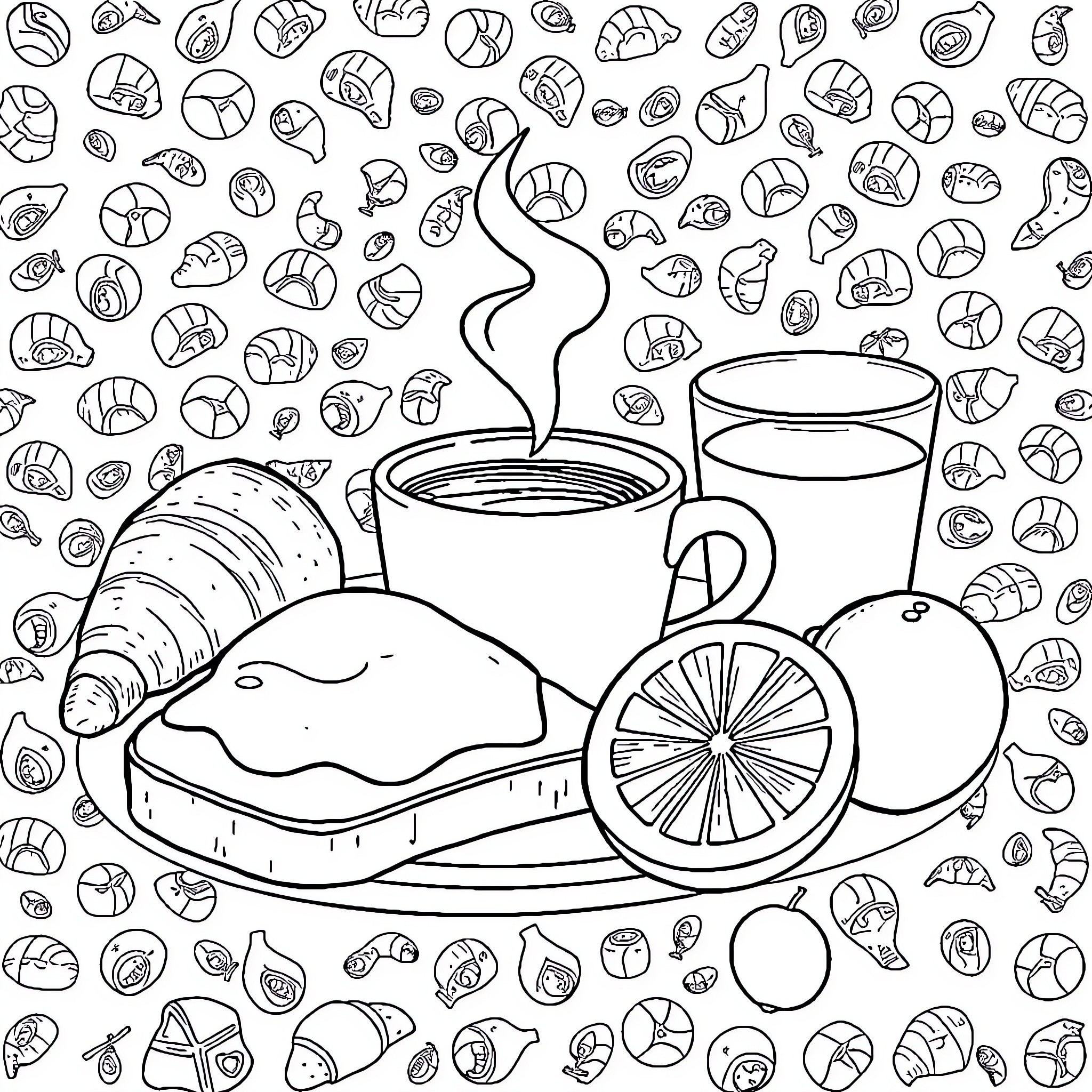 Food and Beverage Composition with Patterns Coloring Page (free black-and-white line drawing printable PDF for all, from beginners to advanced learners, including children, teens, adults, and seniors)