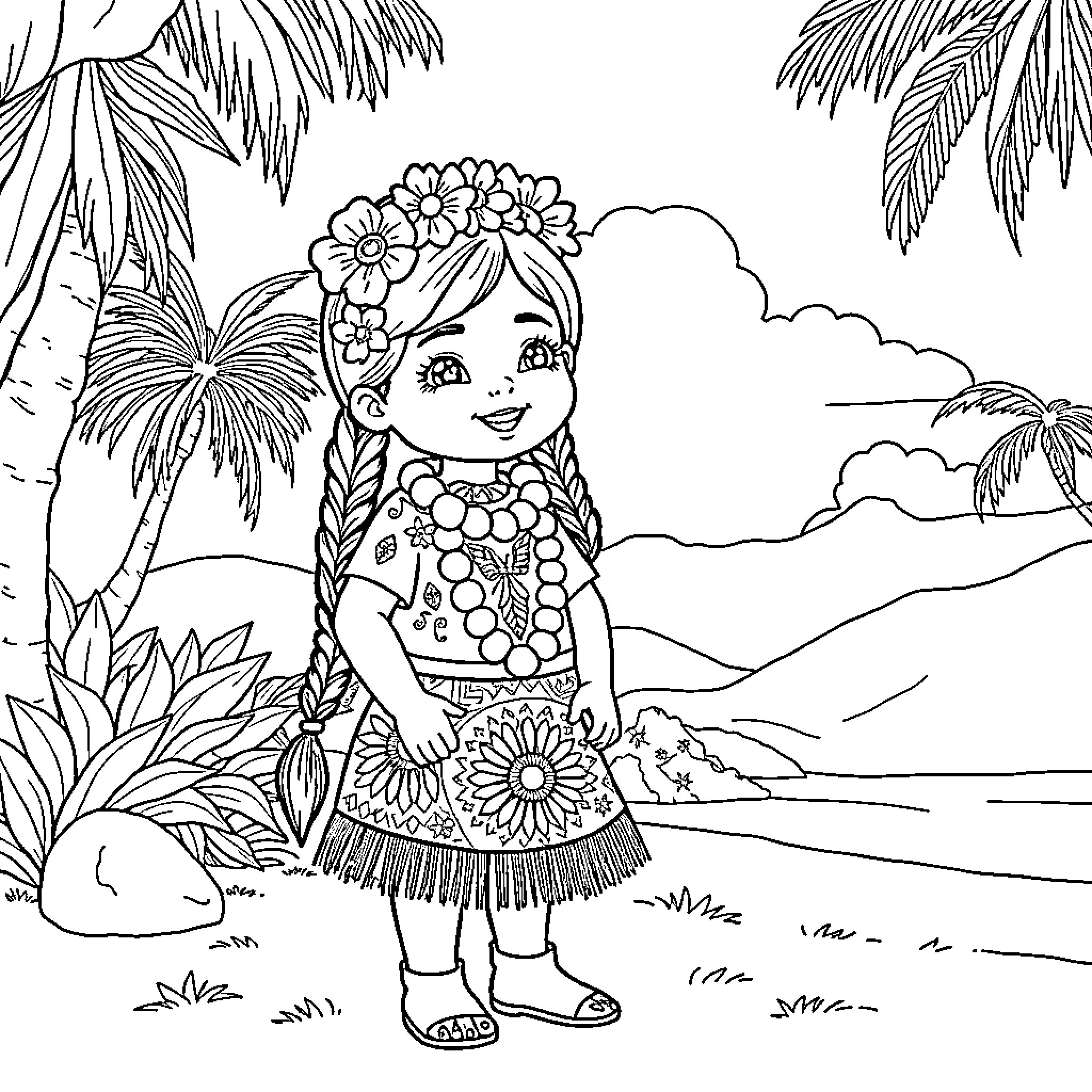 Girl in Floral Dress Explores Tropical Landscape Coloring Page (free black-and-white line drawing printable PDF for all, from beginners to advanced learners, including children, teens, adults, and seniors)