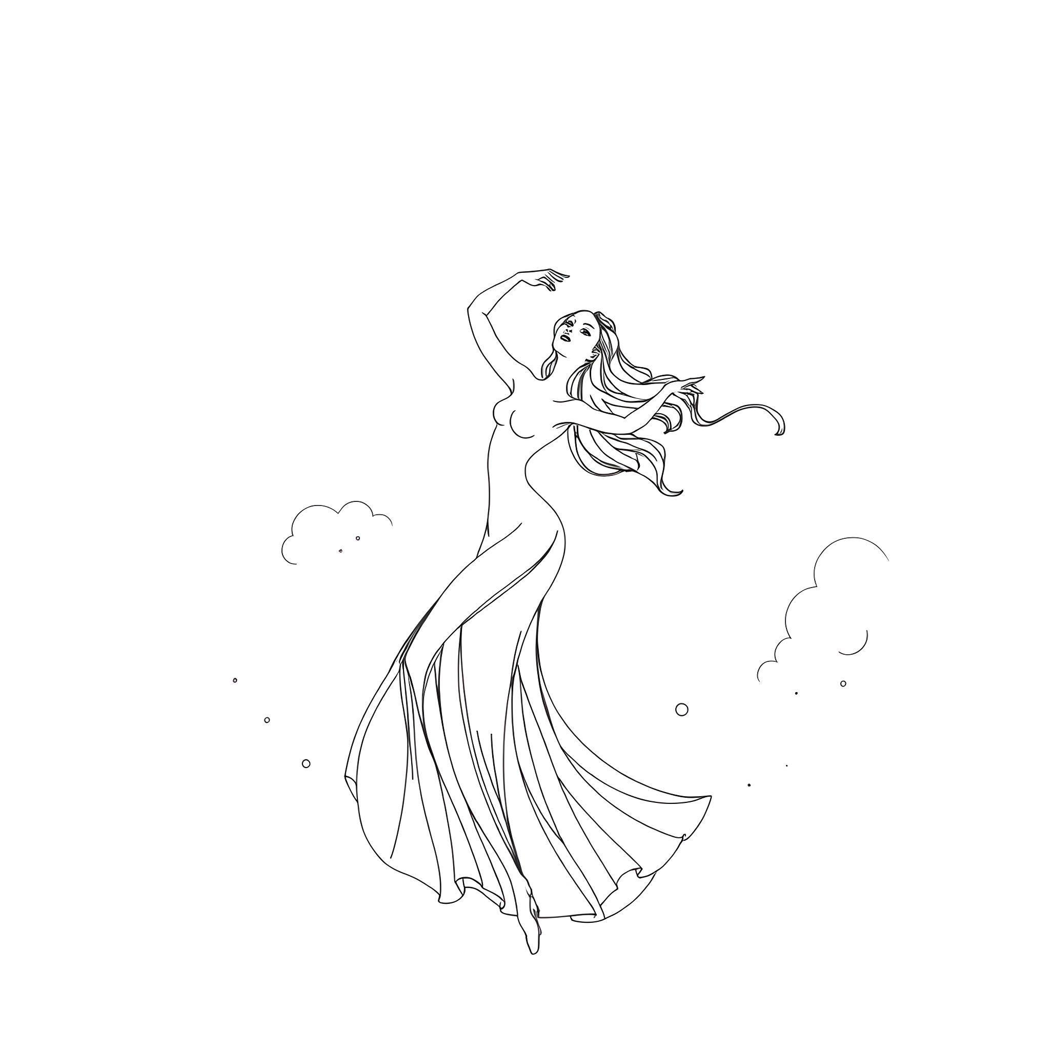 Taylor Swift dancing gracefully in a flowing dress Coloring Page (free black-and-white line drawing printable PDF for all, from beginners to advanced learners, including children, teens, adults, and seniors)