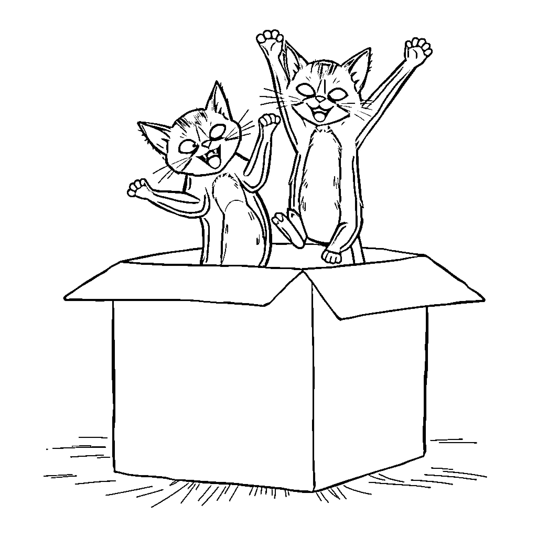 Cats playing joyfully inside a box Coloring Page (free black-and-white line drawing printable PDF for all, from beginners to advanced learners, including children, teens, adults, and seniors)