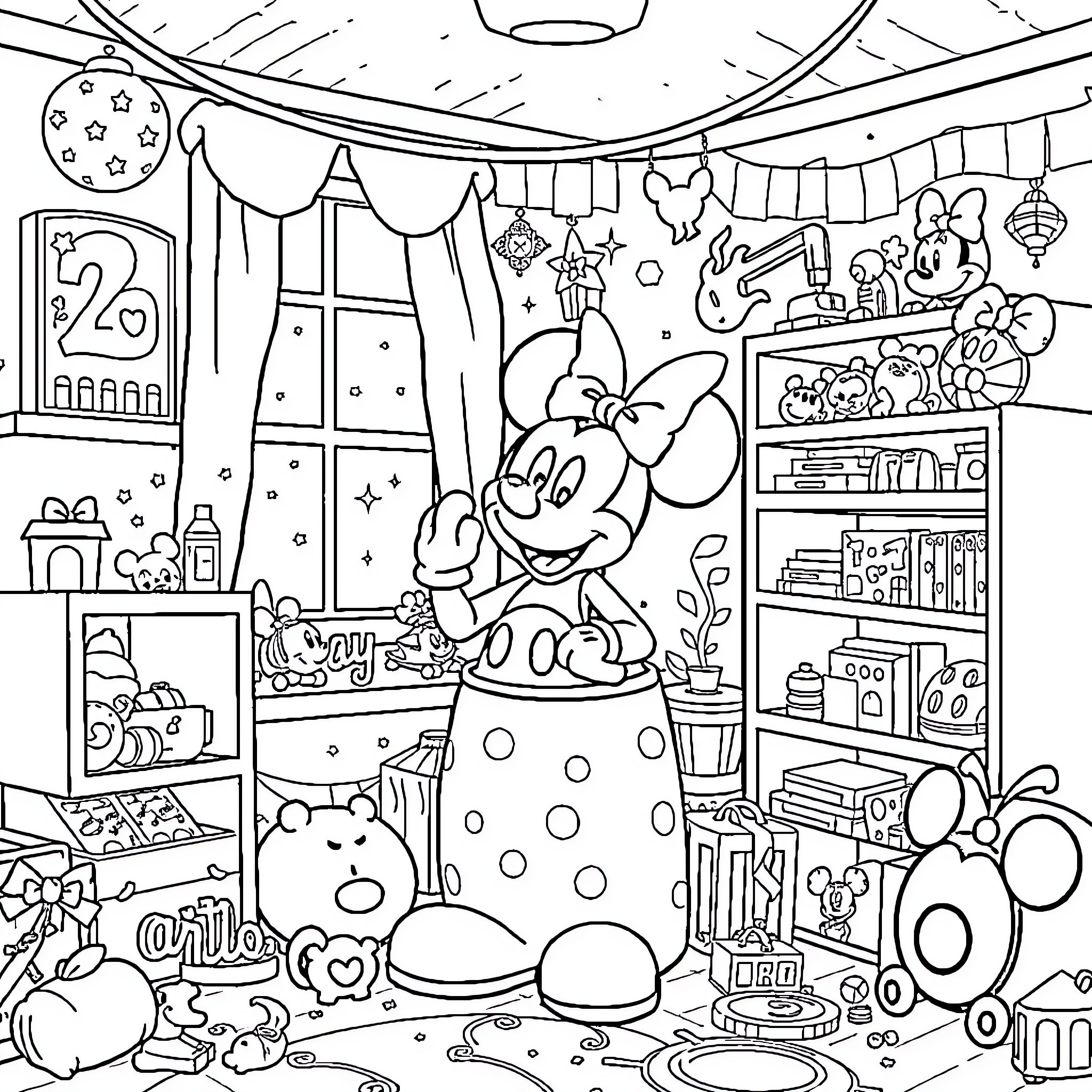 Vacuum Cleaner enjoying the festive party decorations Coloring Page (free black-and-white line drawing printable PDF for all, from beginners to advanced learners, including children, teens, adults, and seniors)