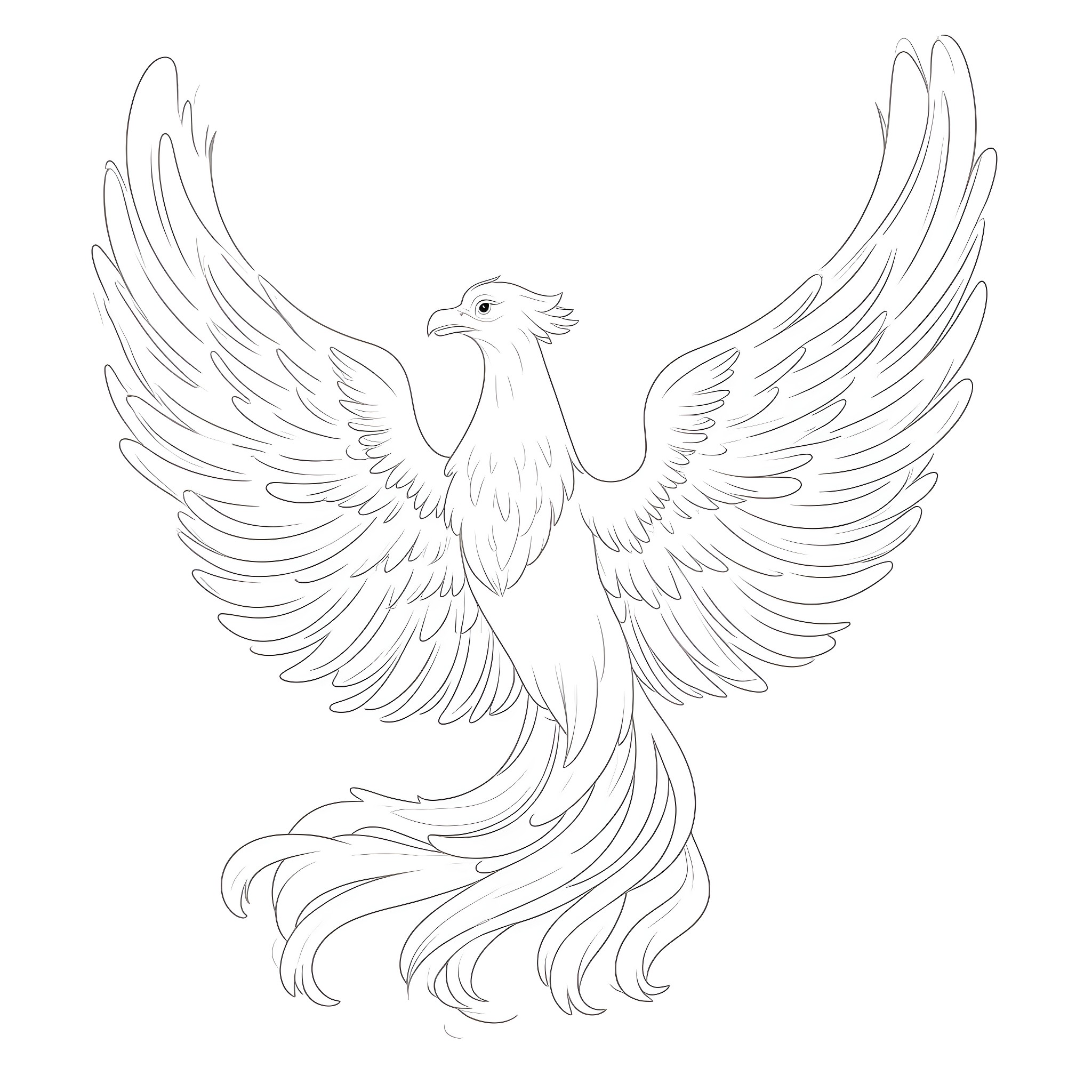Phoenix spreading majestic wings in flight Coloring Page (free black-and-white line drawing printable PDF for all, from beginners to advanced learners, including children, teens, adults, and seniors)