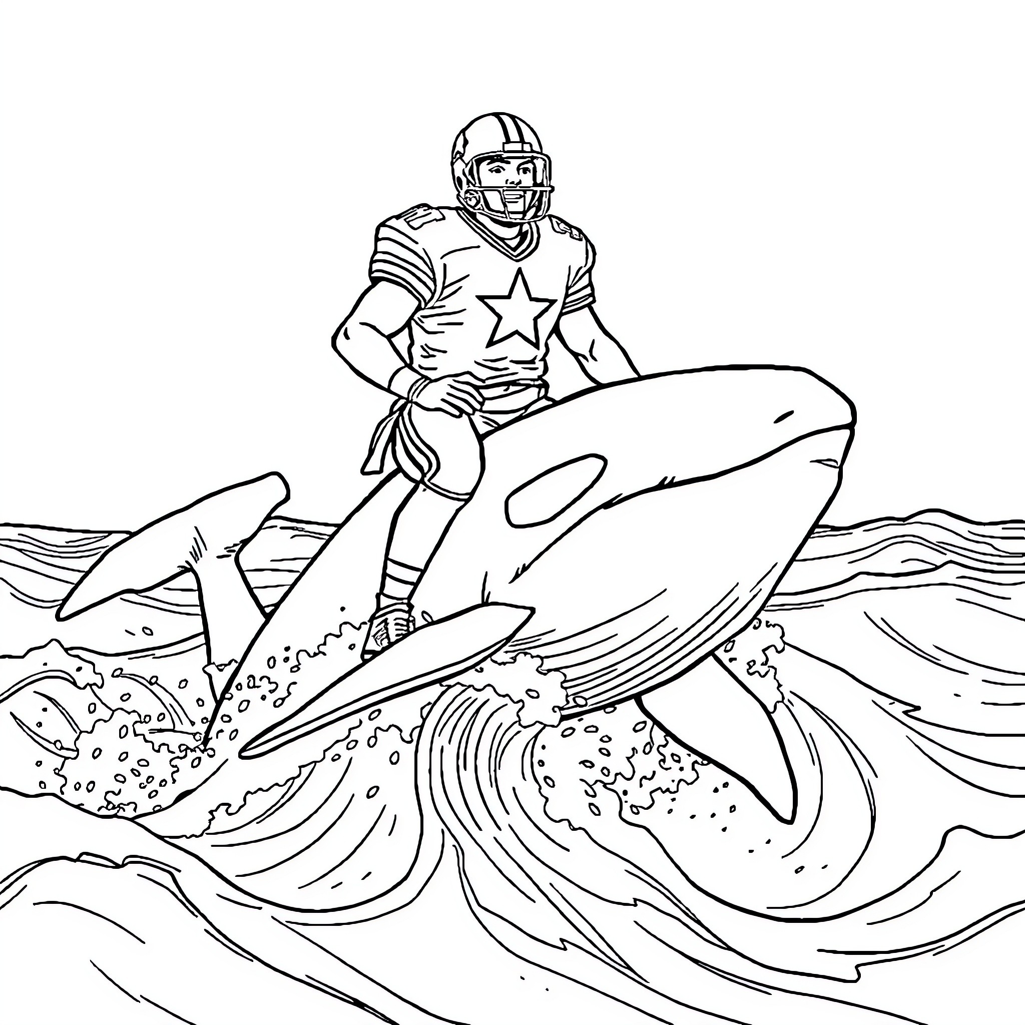 Cowboy surfs giant wave on shark Coloring Page (free black-and-white line drawing printable PDF for all, from beginners to advanced learners, including children, teens, adults, and seniors)