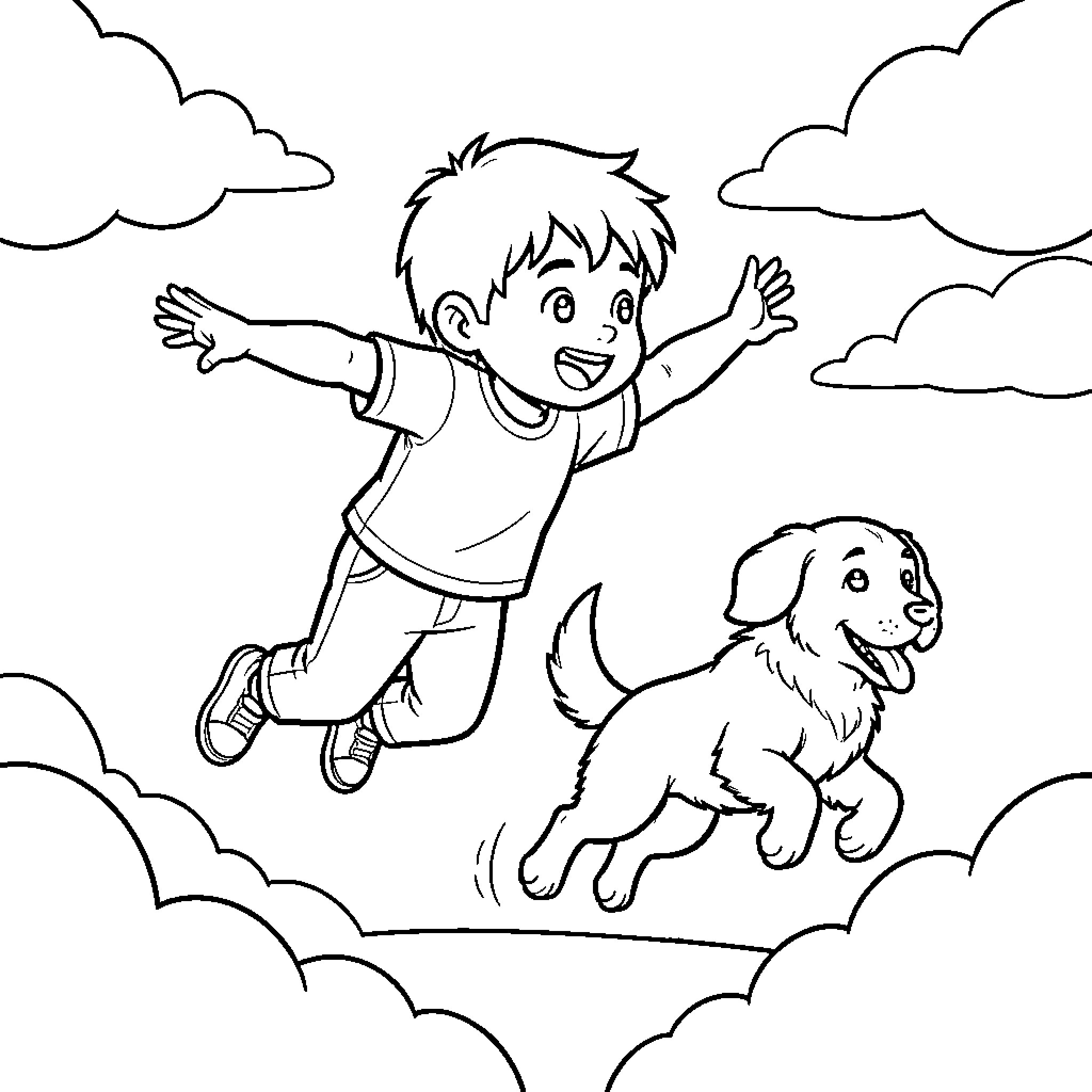 Child jumping joyfully with a puppy in the clouds Coloring Page (free black-and-white line drawing printable PDF for all, from beginners to advanced learners, including children, teens, adults, and seniors)