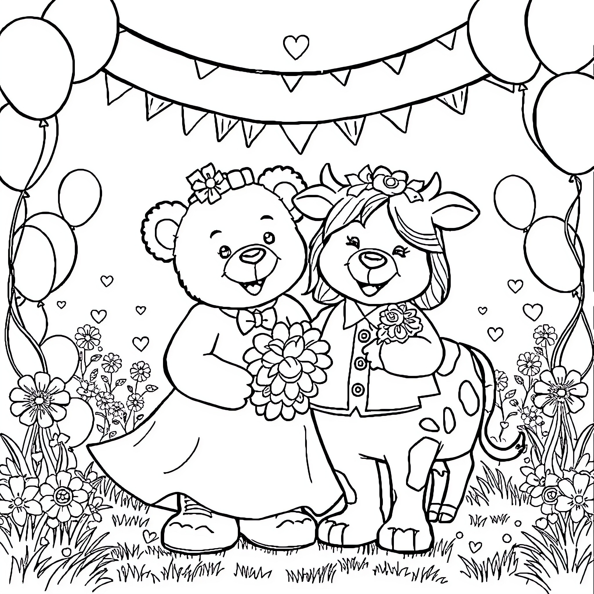 Teddy bears celebrating with balloons and flowers Coloring Page (free black-and-white line drawing printable PDF for all, from beginners to advanced learners, including children, teens, adults, and seniors)