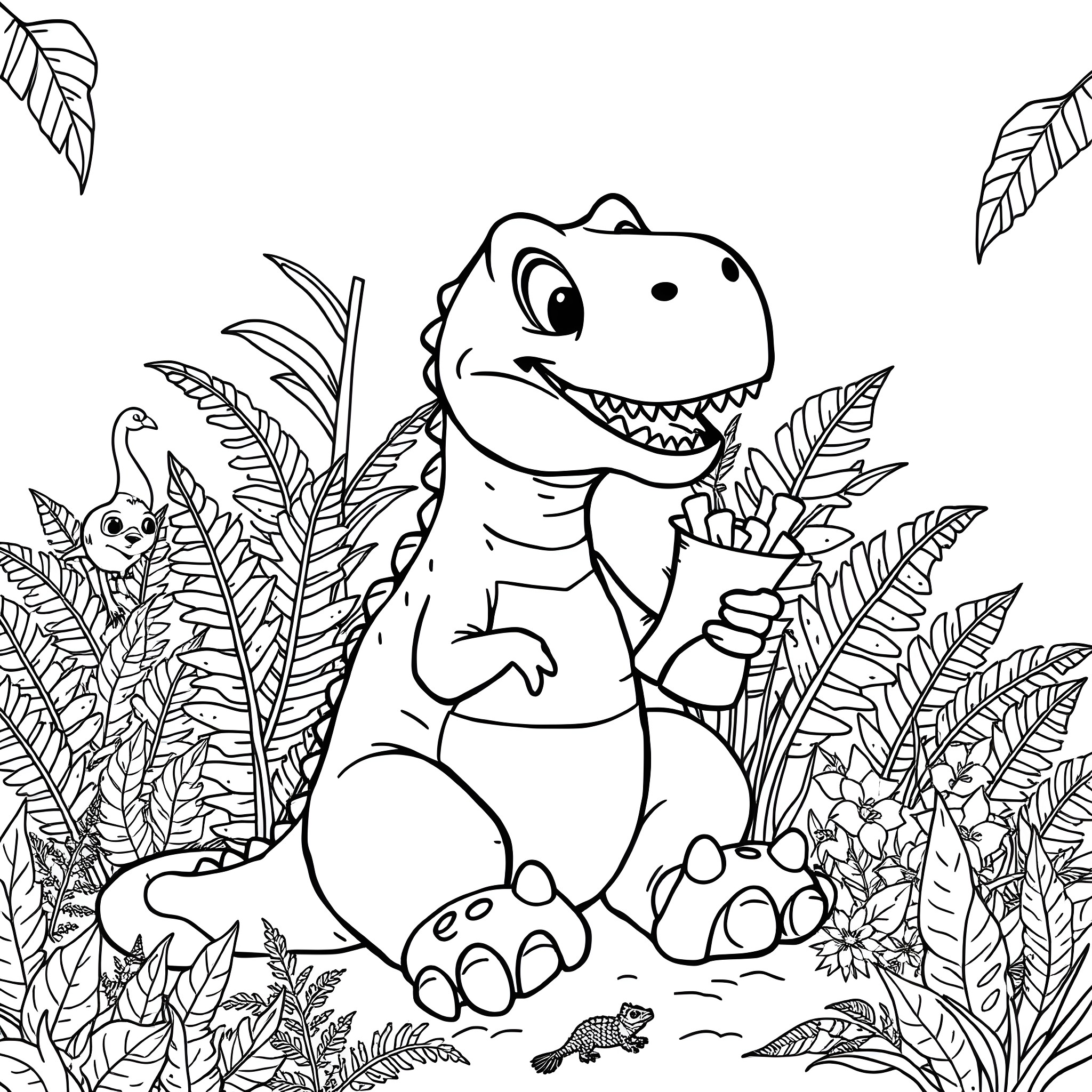 Dinosaur in a lush jungle landscape Coloring Page (free black-and-white line drawing printable PDF for all, from beginners to advanced learners, including children, teens, adults, and seniors)