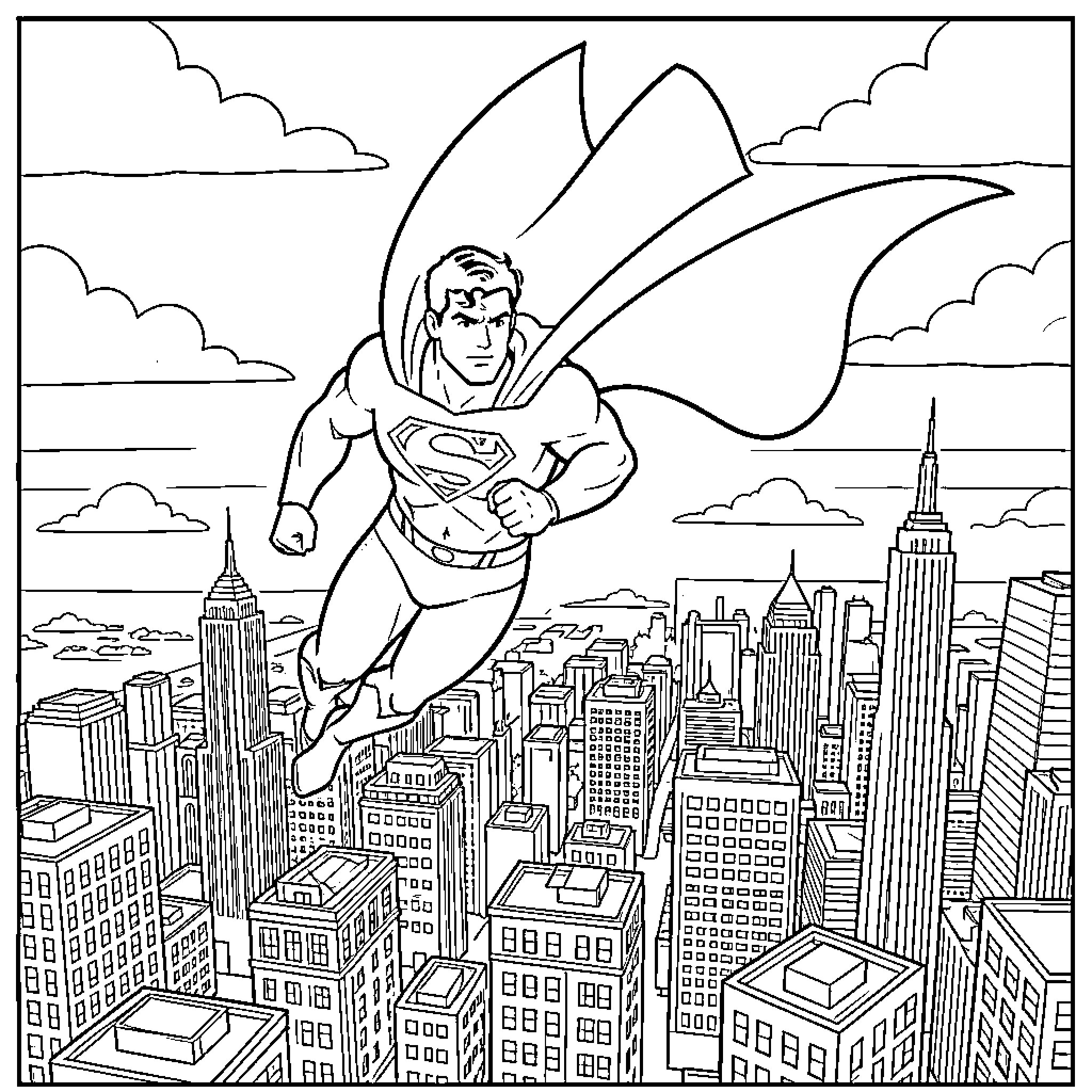 Superman flying heroically over a busy city skyline Coloring Page (free black-and-white line drawing printable PDF for all, from beginners to advanced learners, including children, teens, adults, and seniors)