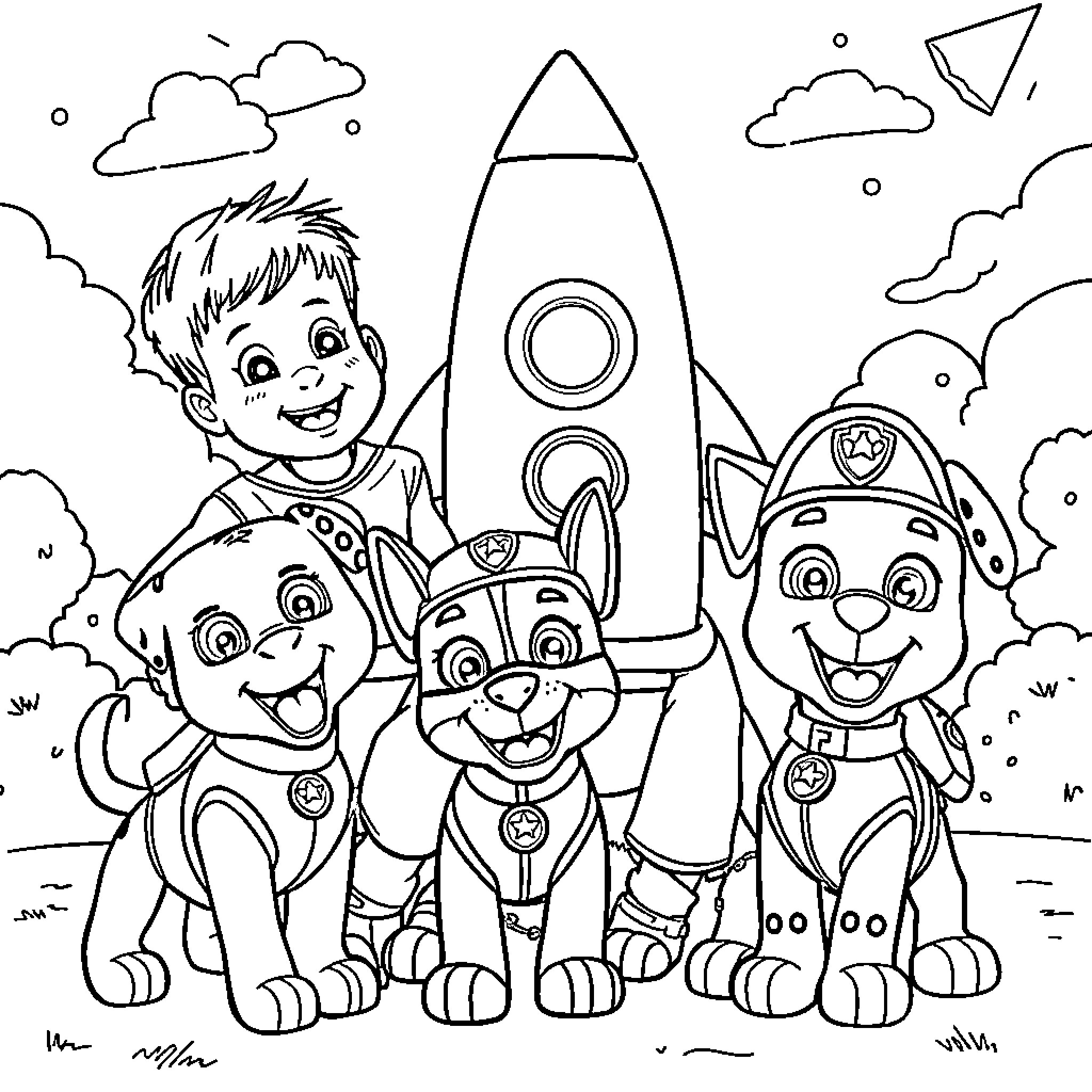 Brothers exploring the galaxy with their pup companions Coloring Page (free black-and-white line drawing printable PDF for all, from beginners to advanced learners, including children, teens, adults, and seniors)