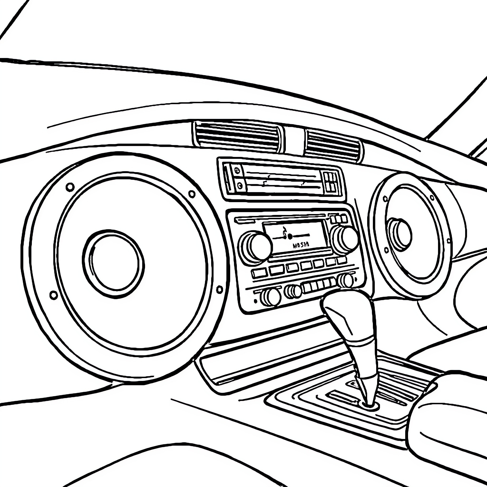 Car dashboard with audio system and controls Coloring Page (free black-and-white line drawing printable PDF for all, from beginners to advanced learners, including children, teens, adults, and seniors)
