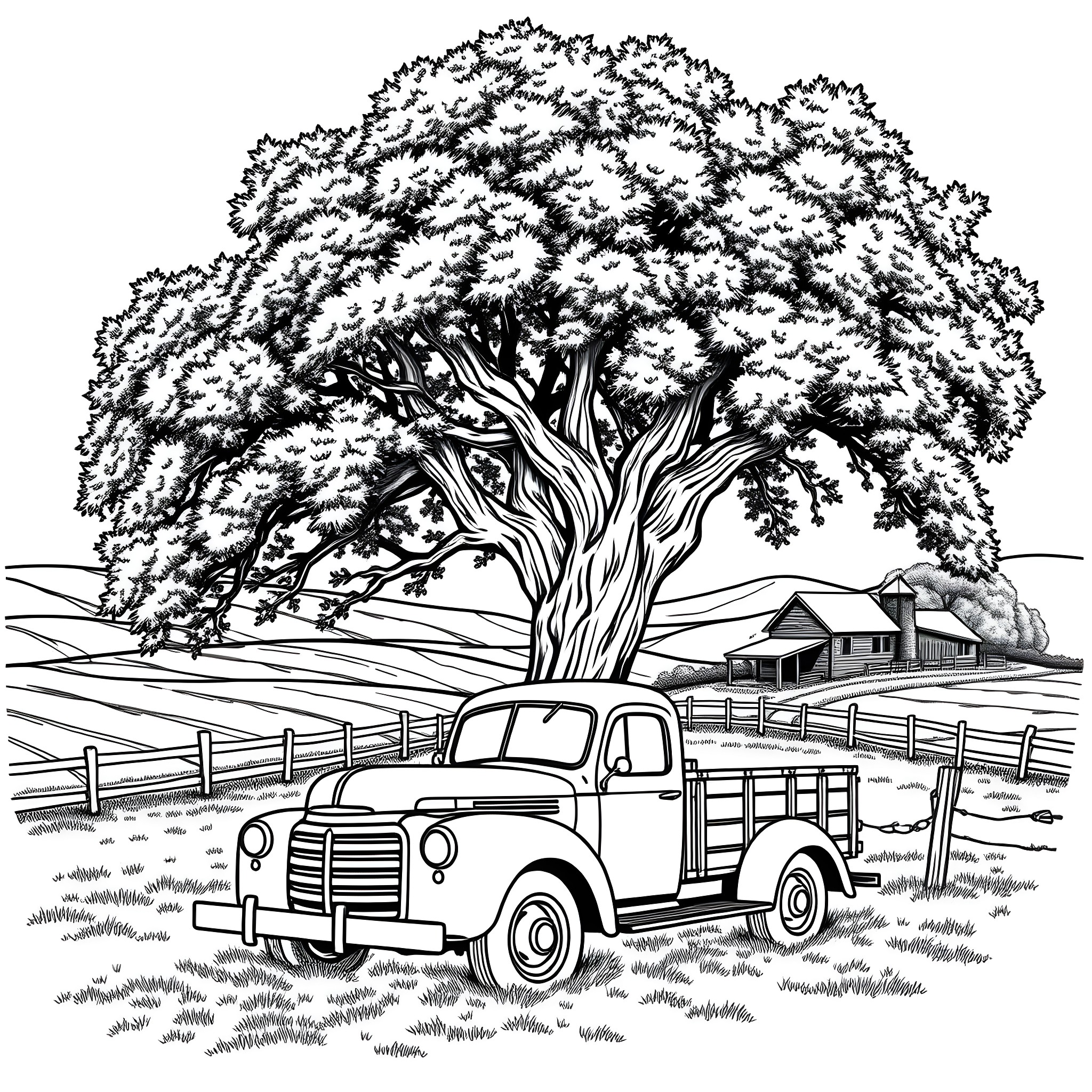 Truck on a rural country road near a large tree Coloring Page (free black-and-white line drawing printable PDF for all, from beginners to advanced learners, including children, teens, adults, and seniors)