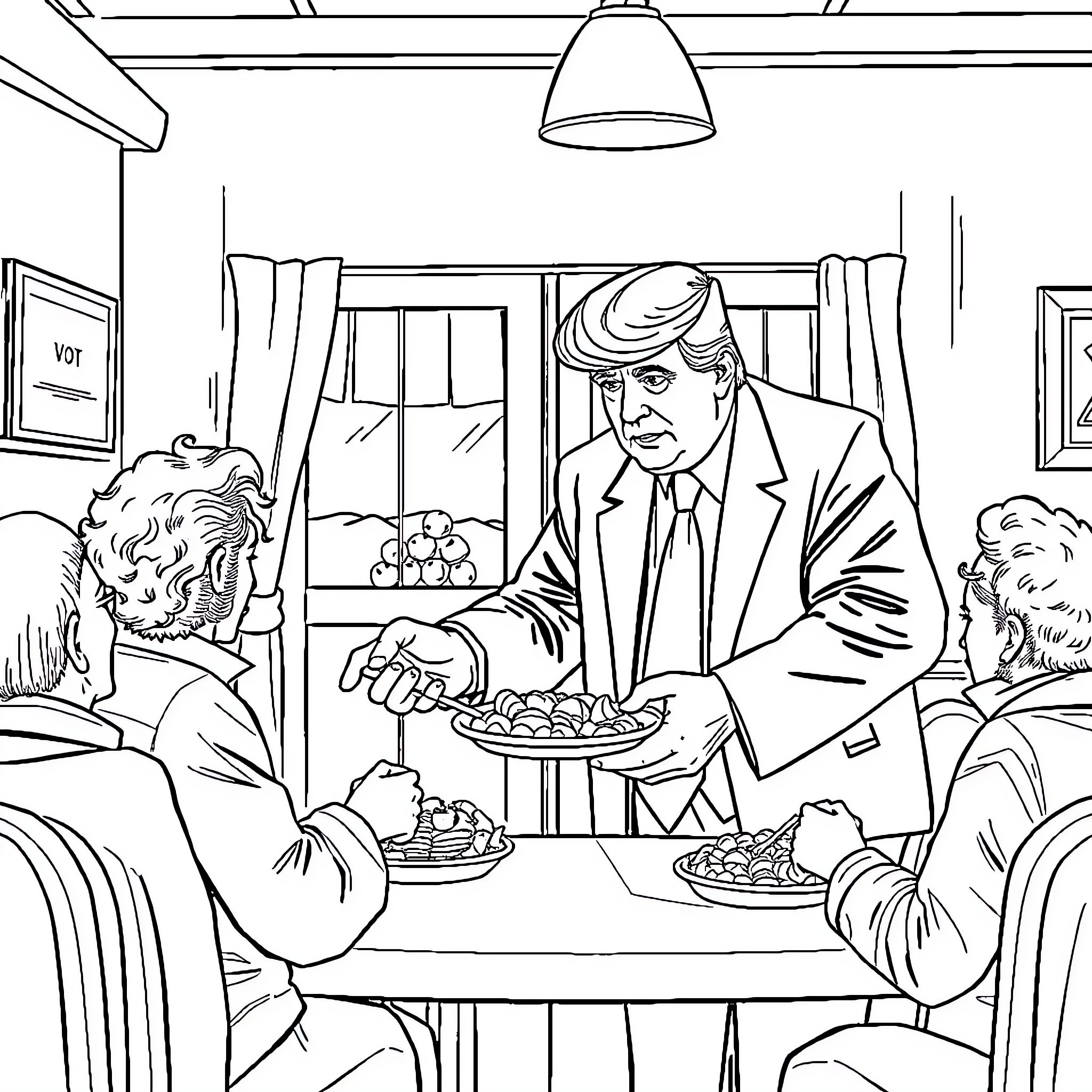 Trump Serving Supporters a Festive Meal Coloring Page (free black-and-white line drawing printable PDF for all, from beginners to advanced learners, including children, teens, adults, and seniors)