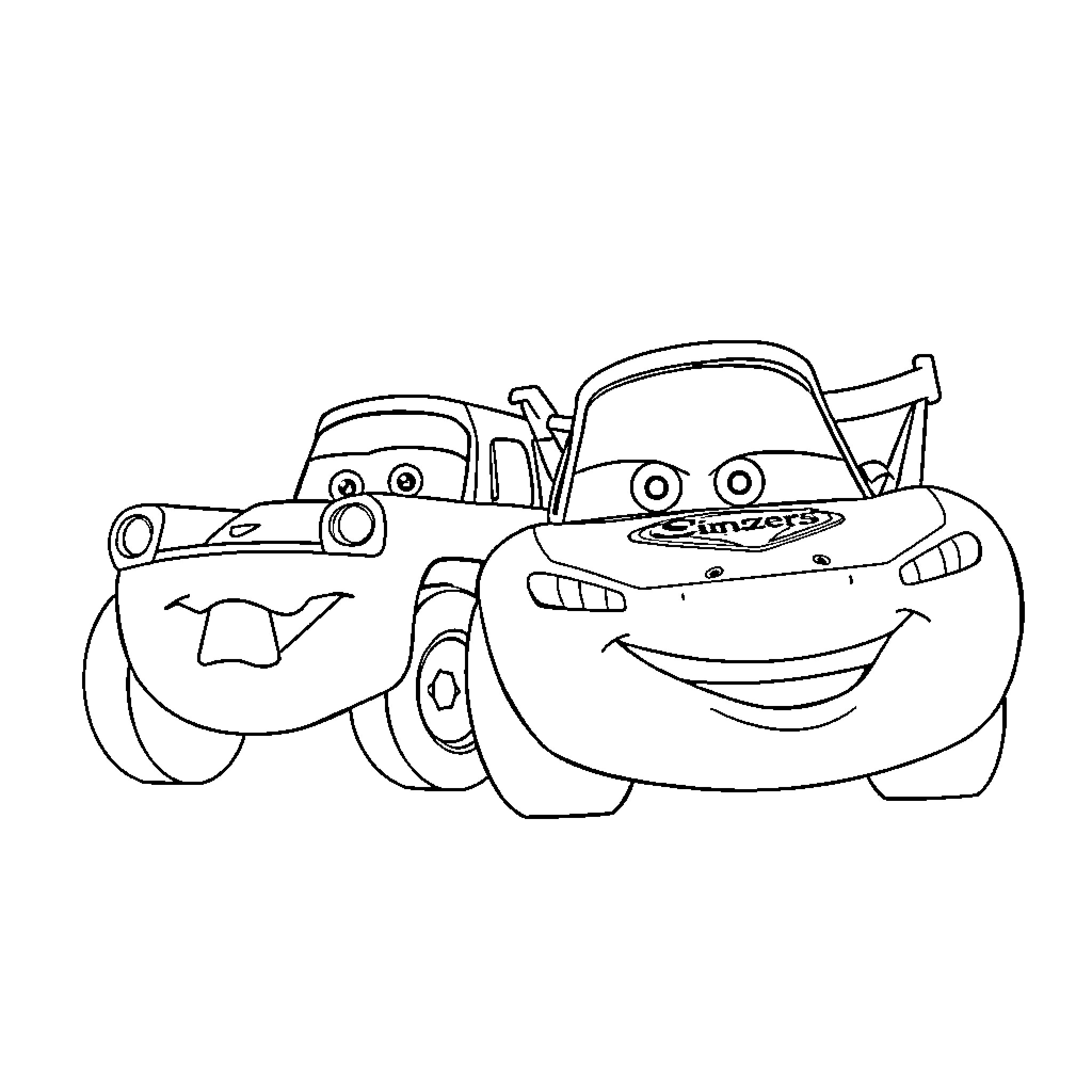Lightning McQueen and Mater in a Playful Moment Coloring Page (free black-and-white line drawing printable PDF for all, from beginners to advanced learners, including children, teens, adults, and seniors)