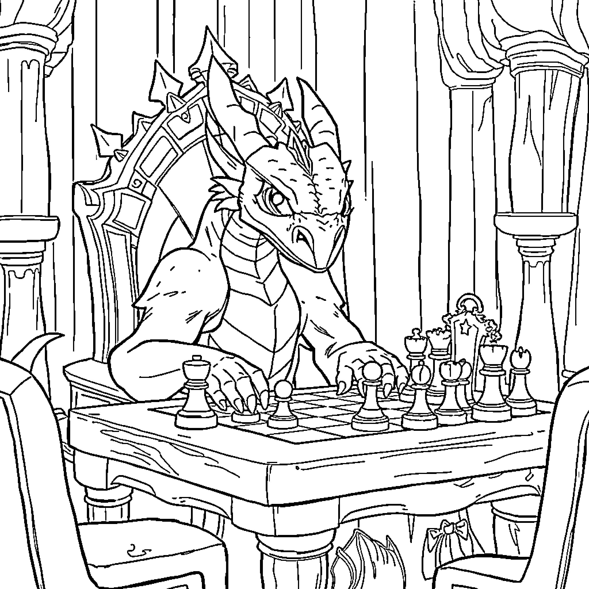 Dragon engaged in a strategic chess game Coloring Page (free black-and-white line drawing printable PDF for all, from beginners to advanced learners, including children, teens, adults, and seniors)