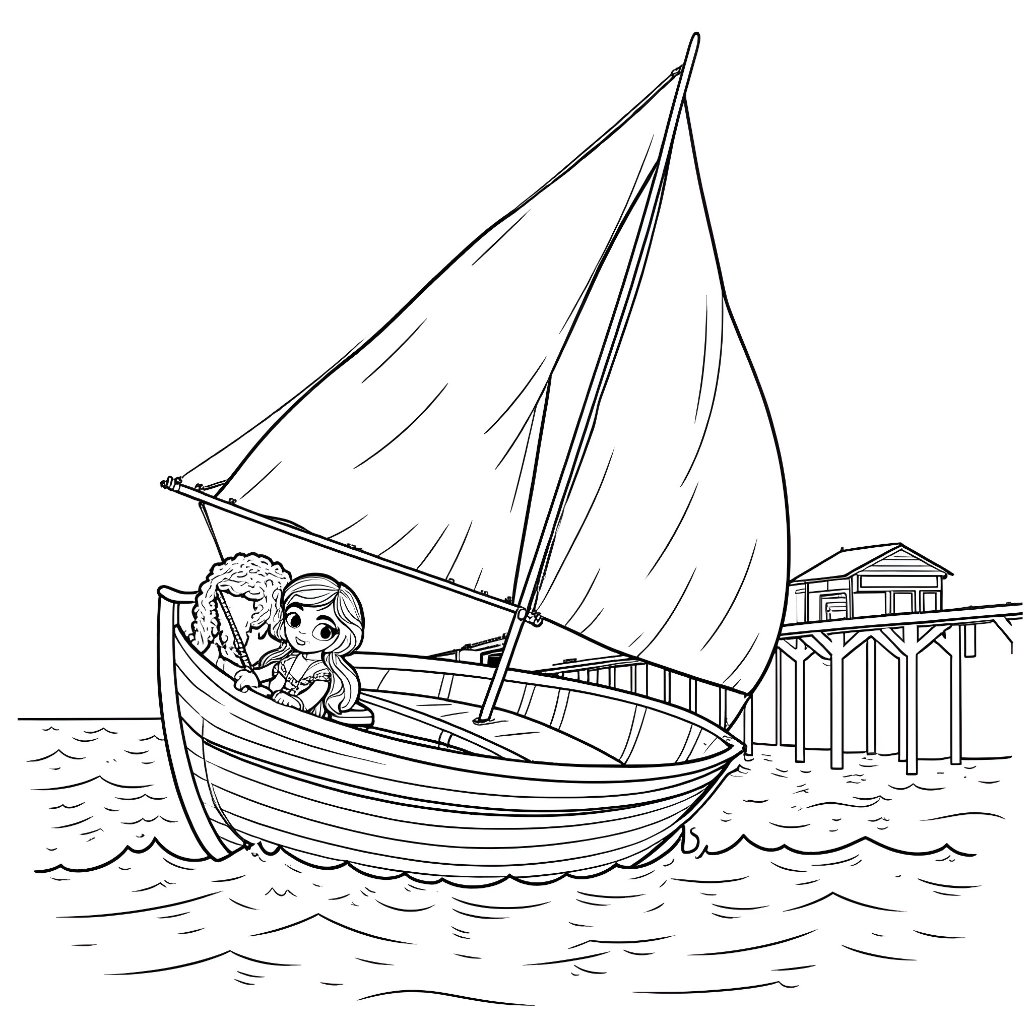 Moana sailing a boat near the pier Coloring Page (free black-and-white line drawing printable PDF for all, from beginners to advanced learners, including children, teens, adults, and seniors)