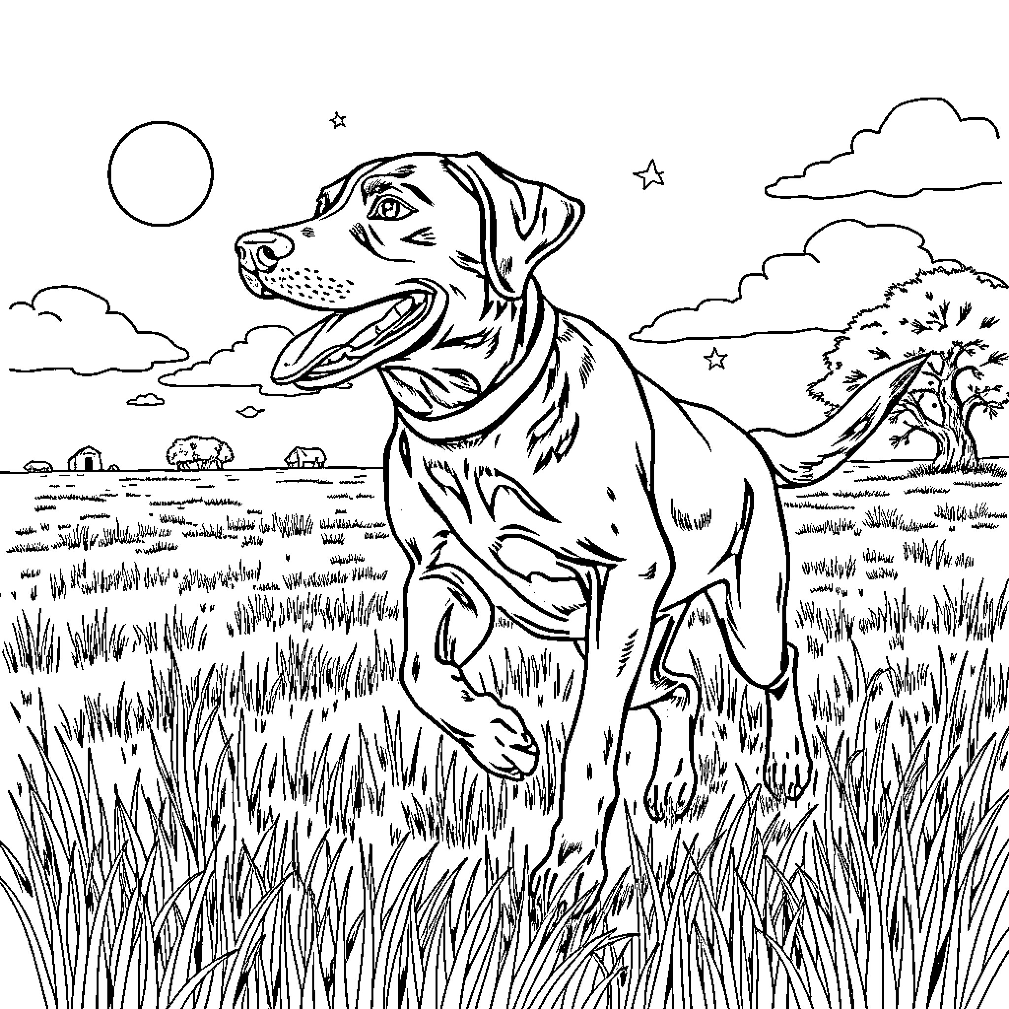 Labrador happily running through a grassy field Coloring Page (free black-and-white line drawing printable PDF for all, from beginners to advanced learners, including children, teens, adults, and seniors)