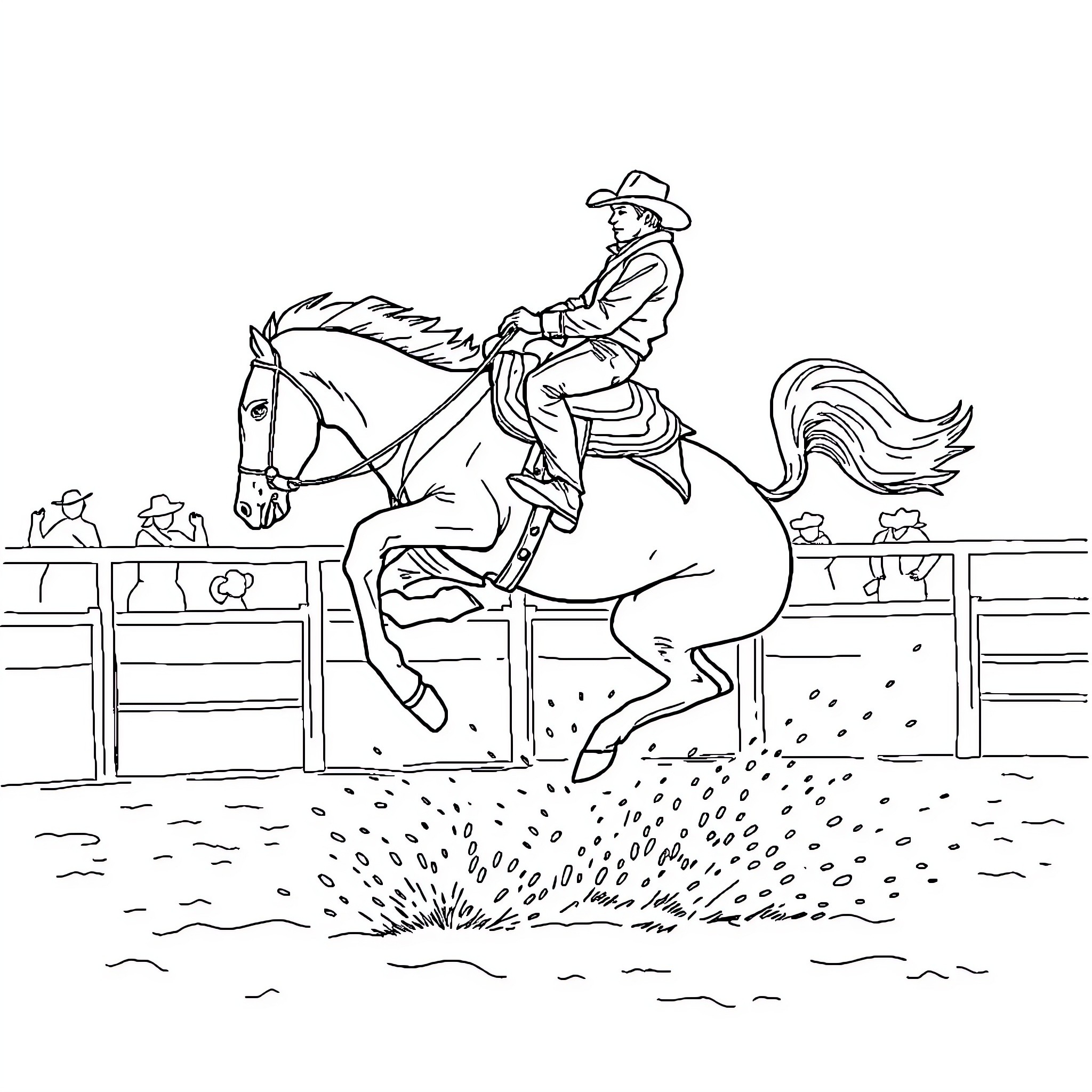 Saddle Bronc Rider Competing in Rodeo Event Coloring Page (free black-and-white line drawing printable PDF for all, from beginners to advanced learners, including children, teens, adults, and seniors)