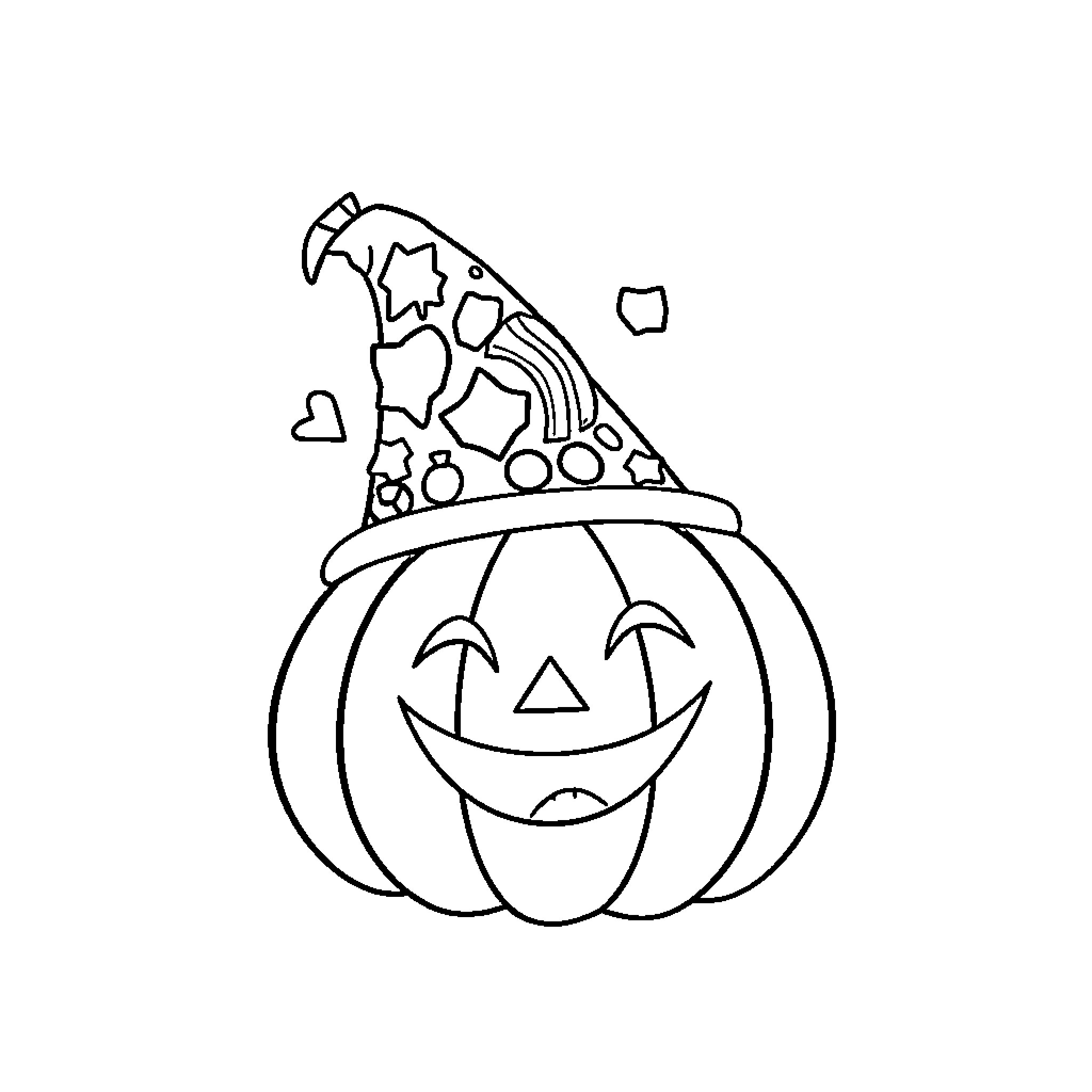 Pumpkin with whimsical hat and smiling face Coloring Page (free black-and-white line drawing printable PDF for all, from beginners to advanced learners, including children, teens, adults, and seniors)