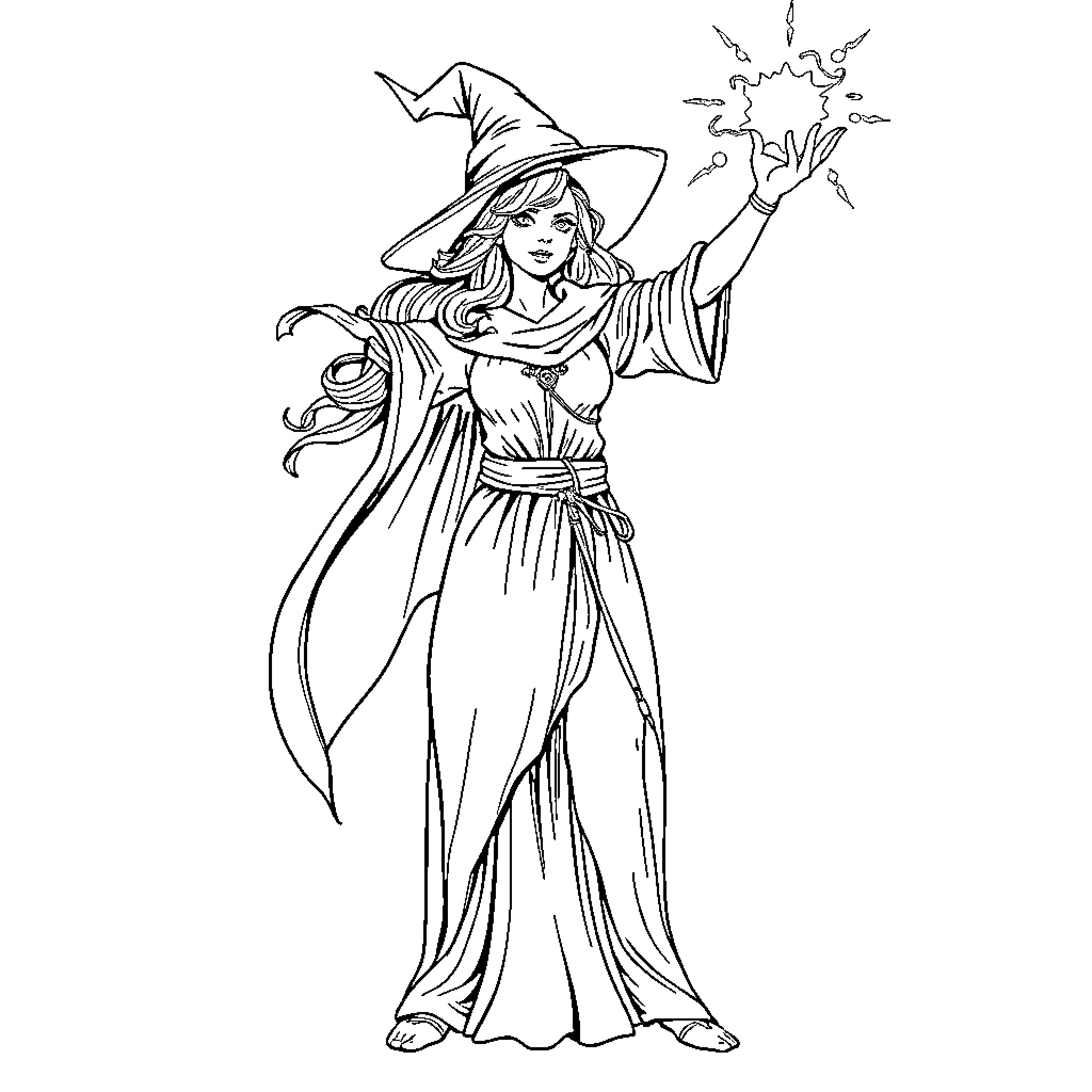 Mage casting magical spell in dramatic pose Coloring Page (free black-and-white line drawing printable PDF for all, from beginners to advanced learners, including children, teens, adults, and seniors)