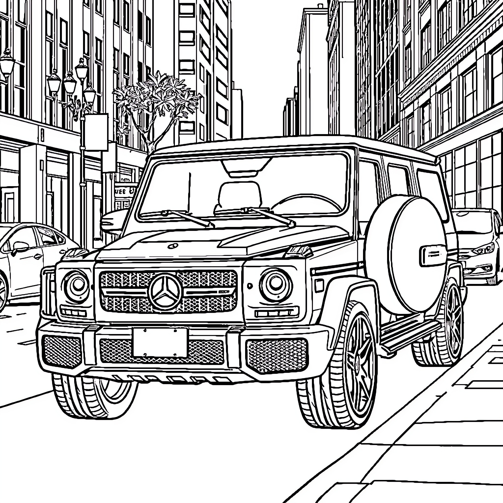 Mercedes G63 in urban city street scene Coloring Page (free black-and-white line drawing printable PDF for all, from beginners to advanced learners, including children, teens, adults, and seniors)
