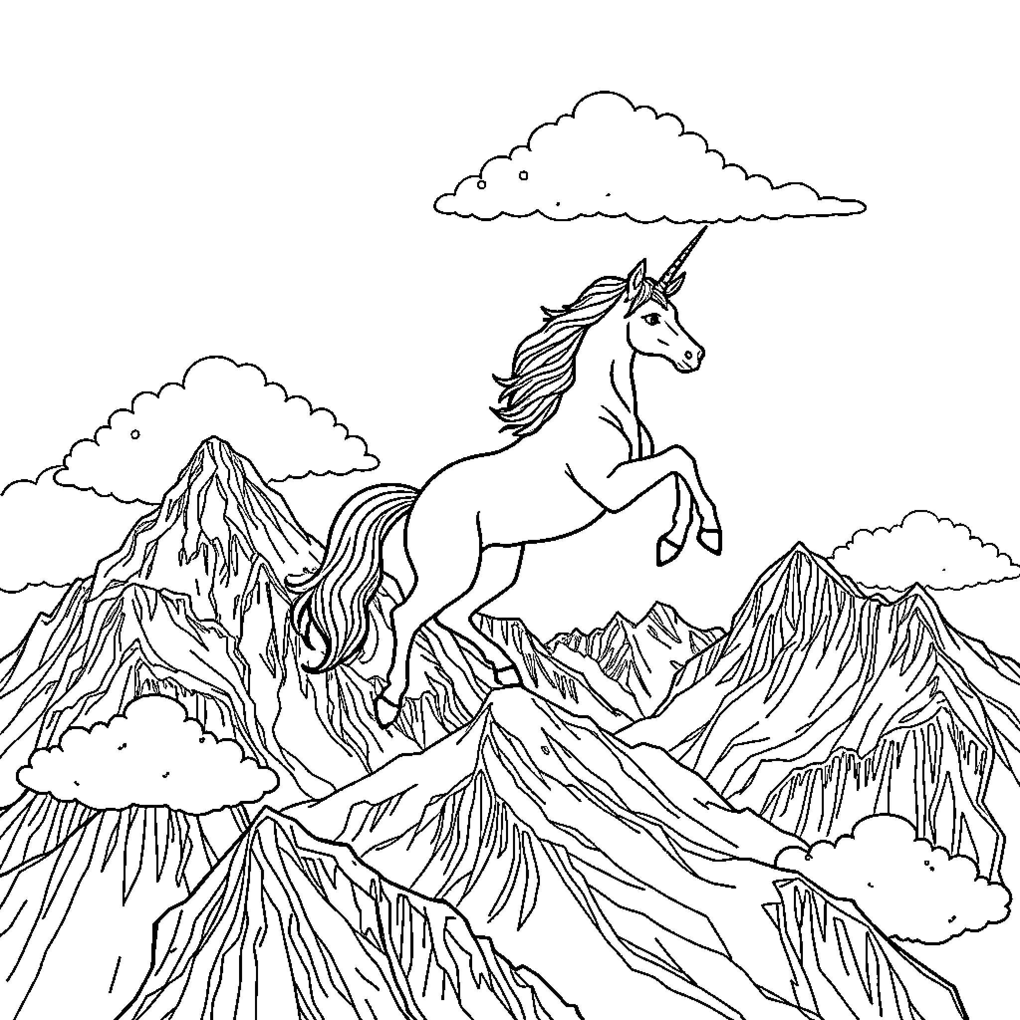 Unicorn Leaping Over Majestic Mountains Coloring Page (free black-and-white line drawing printable PDF for all, from beginners to advanced learners, including children, teens, adults, and seniors)