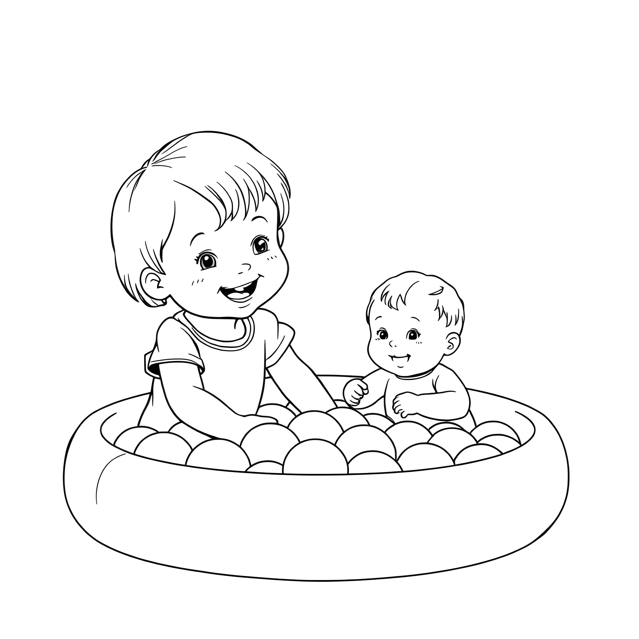 Girl playing with baby in ball pit Coloring Page (free black-and-white line drawing printable PDF for all, from beginners to advanced learners, including children, teens, adults, and seniors)