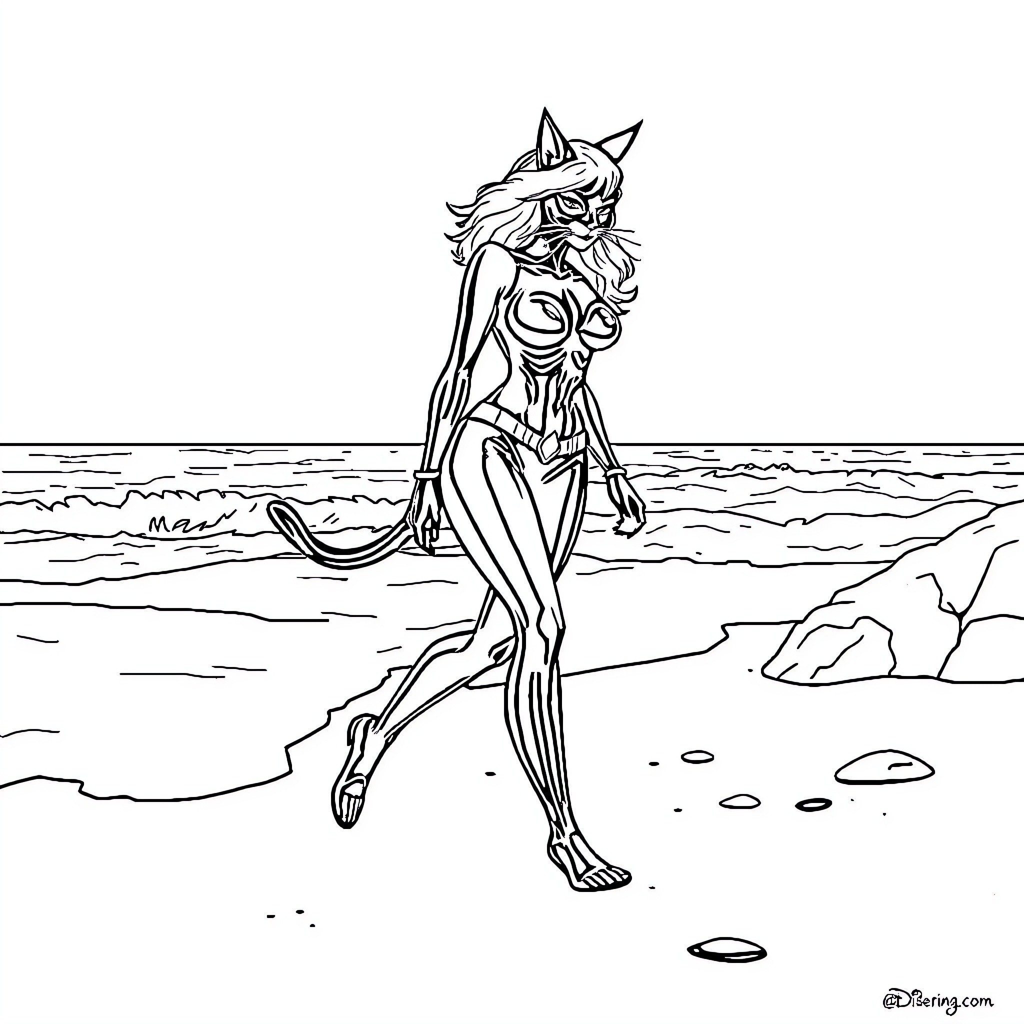 Cat Woman Walking Confidently on the Beach Coloring Page (free black-and-white line drawing printable PDF for all, from beginners to advanced learners, including children, teens, adults, and seniors)