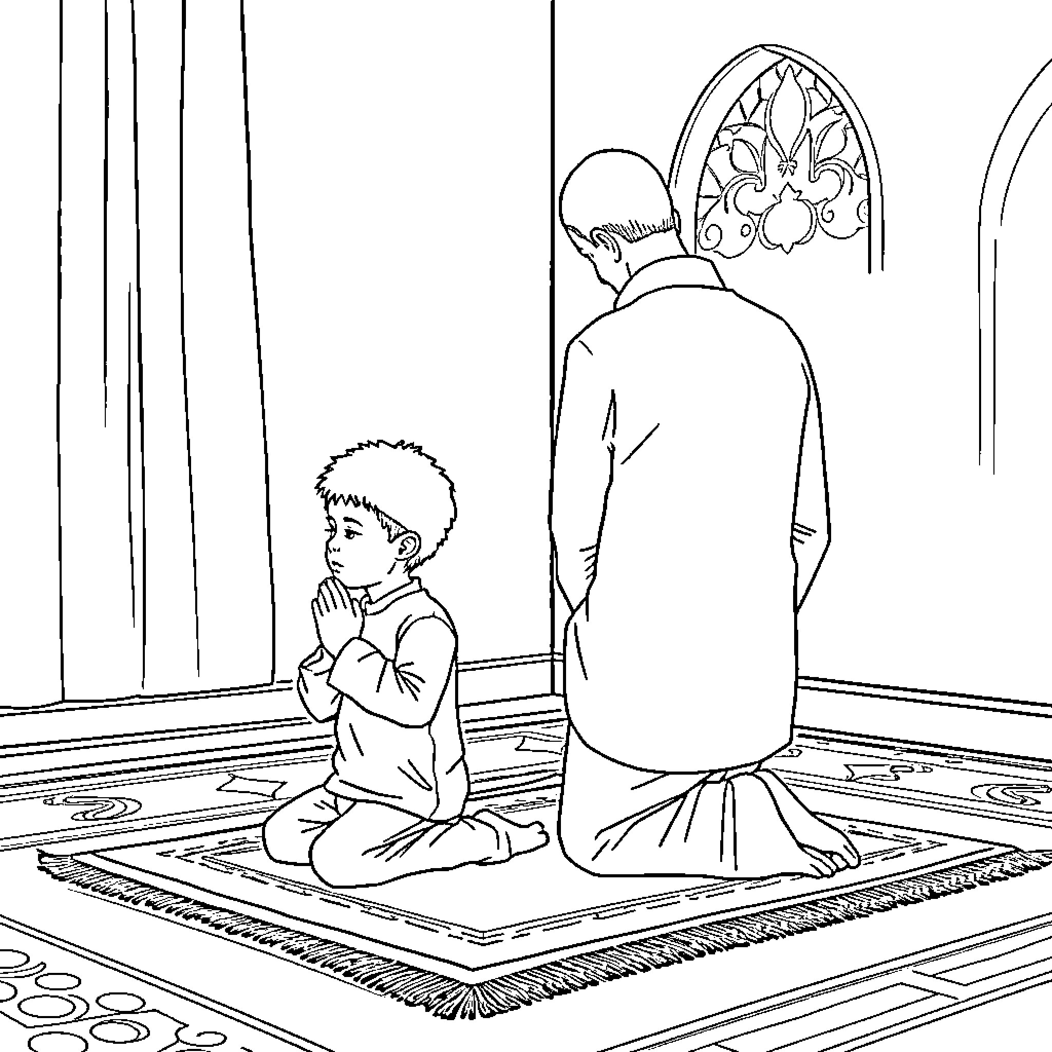 Boy praying with adult in religious setting Coloring Page (free black-and-white line drawing printable PDF for all, from beginners to advanced learners, including children, teens, adults, and seniors)