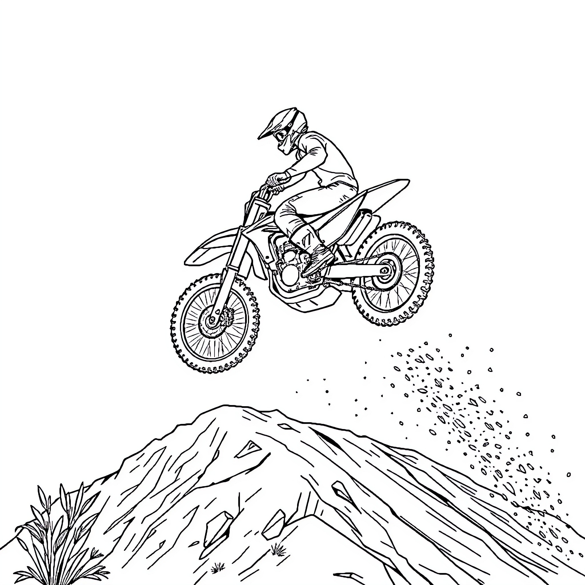 Dirt Bike Rider Performing Jump Over Rugged Terrain Coloring Page (free black-and-white line drawing printable PDF for all, from beginners to advanced learners, including children, teens, adults, and seniors)