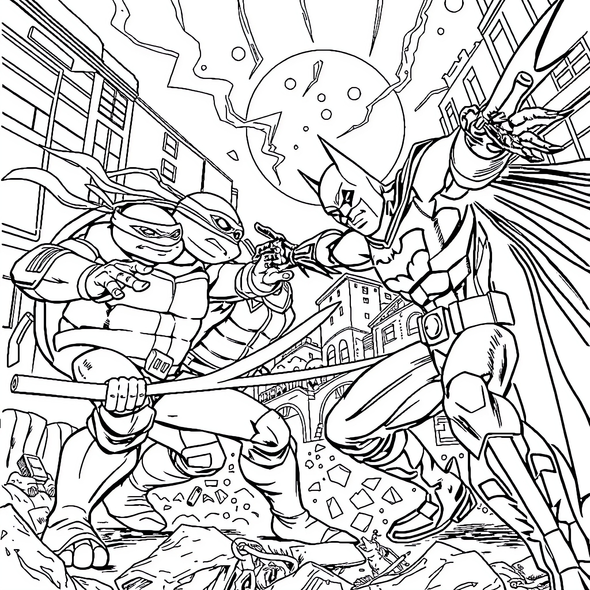 Batman battles villains in the city at night Coloring Page (free black-and-white line drawing printable PDF for all, from beginners to advanced learners, including children, teens, adults, and seniors)