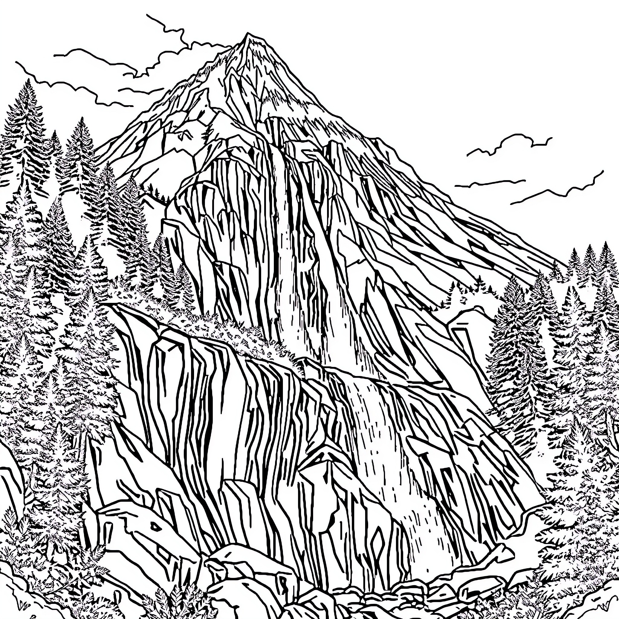 Mountain landscape with rugged peaks and dense forest Coloring Page (free black-and-white line drawing printable PDF for all, from beginners to advanced learners, including children, teens, adults, and seniors)