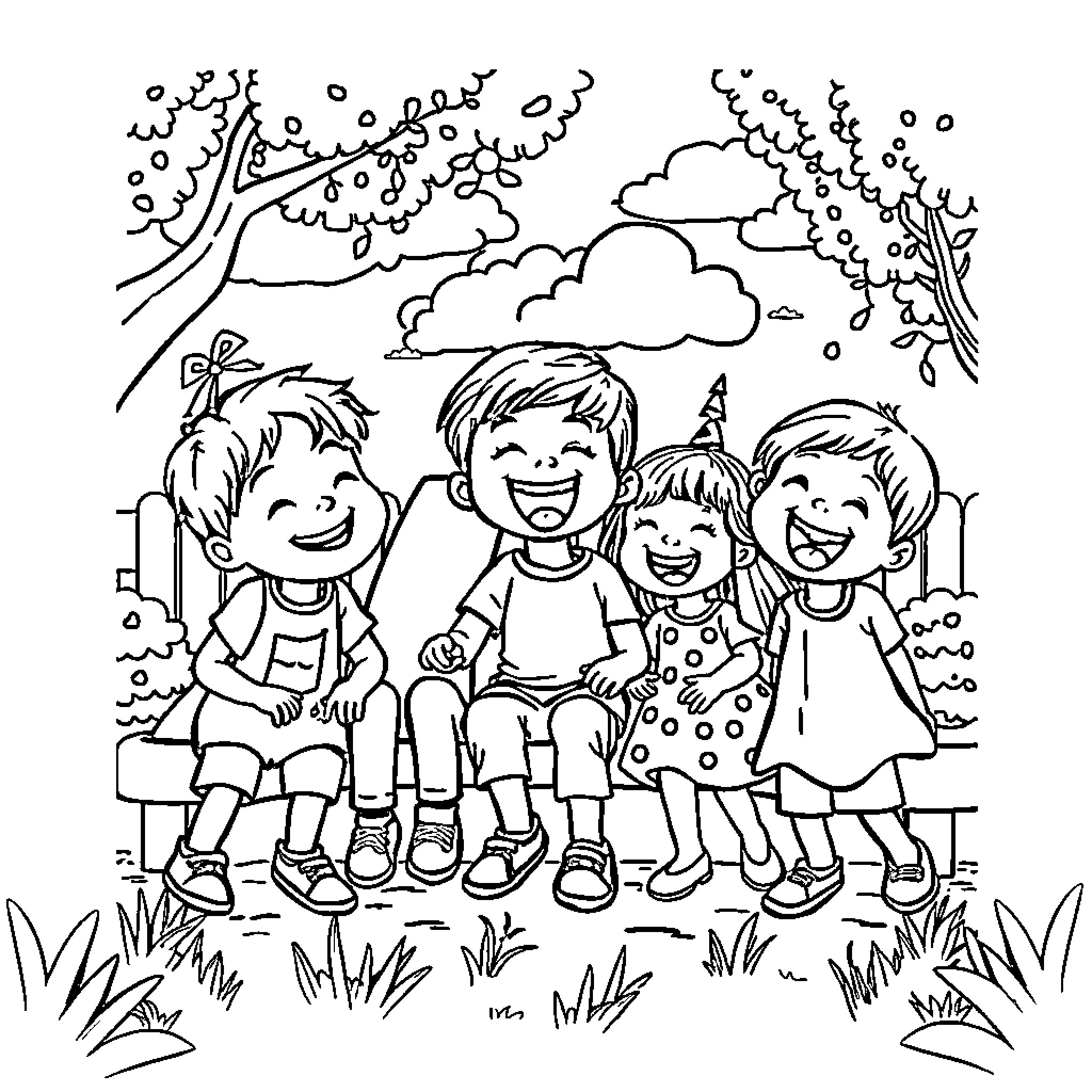 Kids enjoying nature together happily Coloring Page (free black-and-white line drawing printable PDF for all, from beginners to advanced learners, including children, teens, adults, and seniors)
