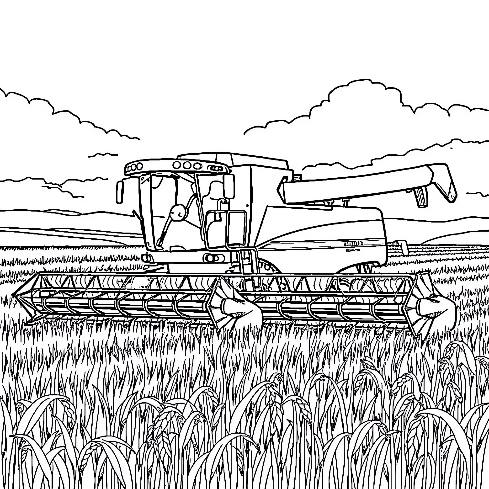Combine Harvester Reaping Crops in the Field Coloring Page (free black-and-white line drawing printable PDF for all, from beginners to advanced learners, including children, teens, adults, and seniors)