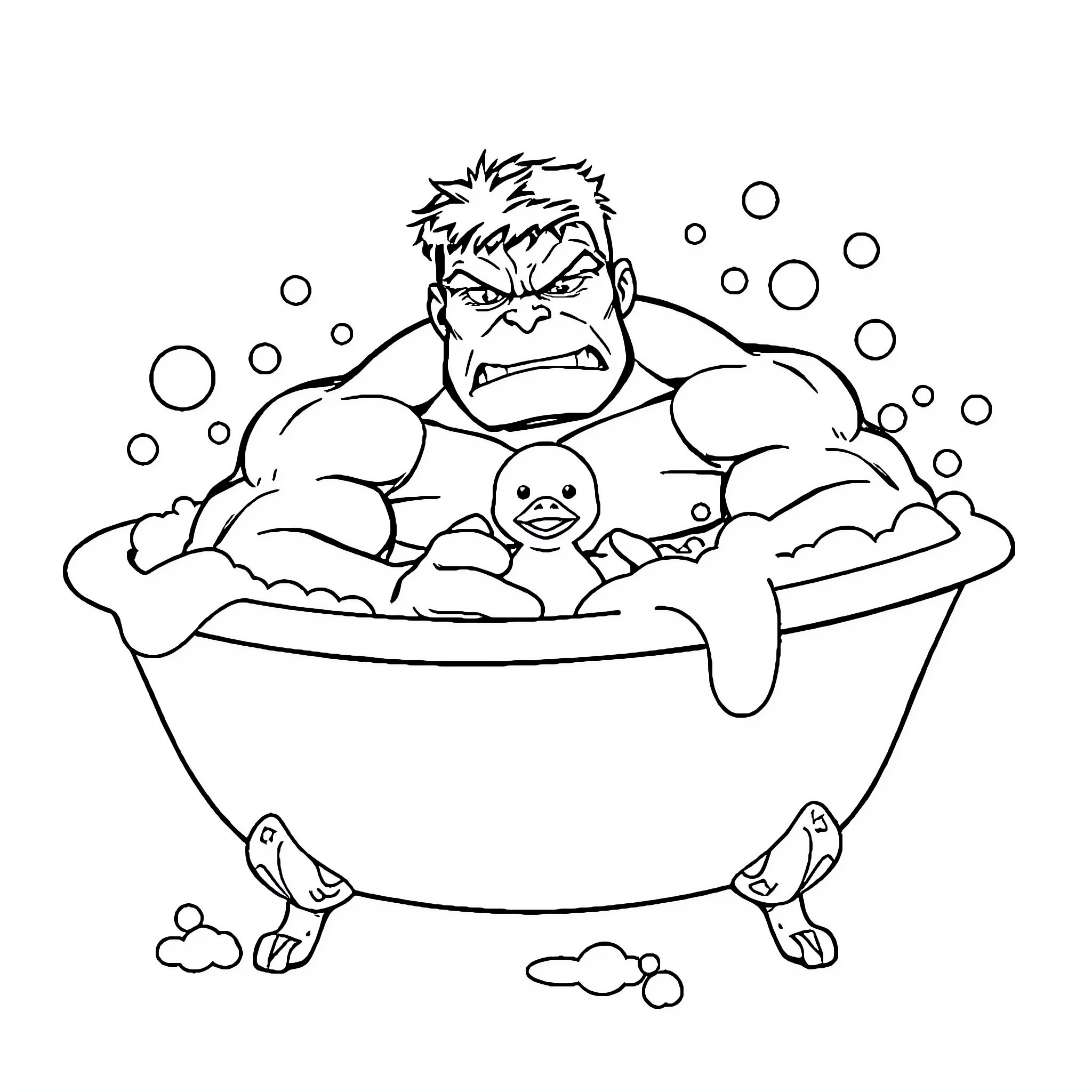 Hulk relaxing in a bubbly bath Coloring Page (free black-and-white line drawing printable PDF for all, from beginners to advanced learners, including children, teens, adults, and seniors)