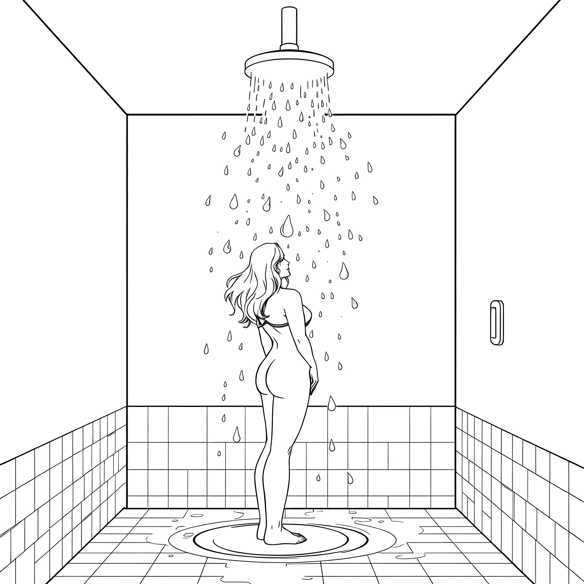 Woman taking a shower in bathroom Coloring Page (free black-and-white line drawing printable PDF for all, from beginners to advanced learners, including children, teens, adults, and seniors)