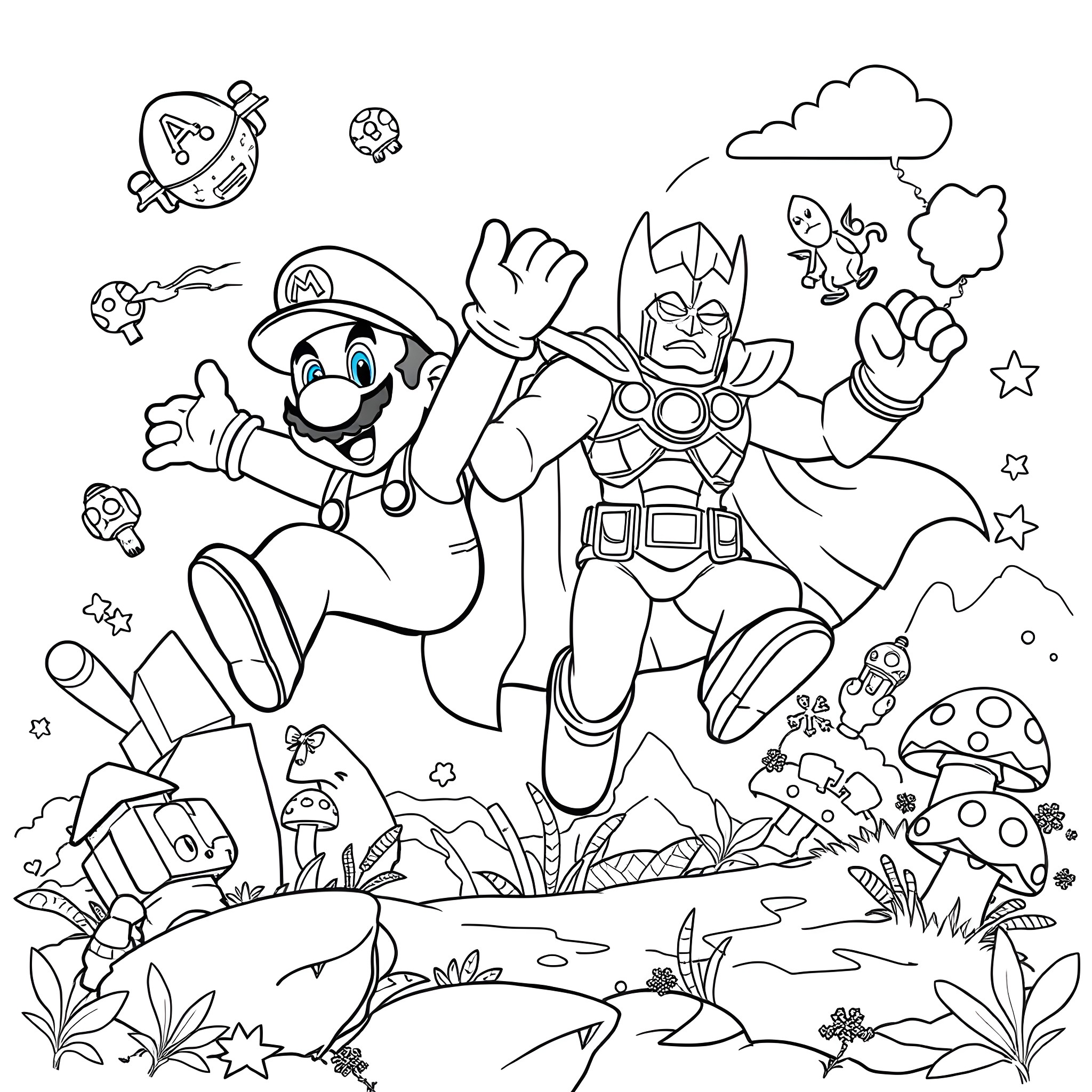 Super Mario and Captain Falcon's Exciting Adventure Coloring Page (free black-and-white line drawing printable PDF for all, from beginners to advanced learners, including children, teens, adults, and seniors)