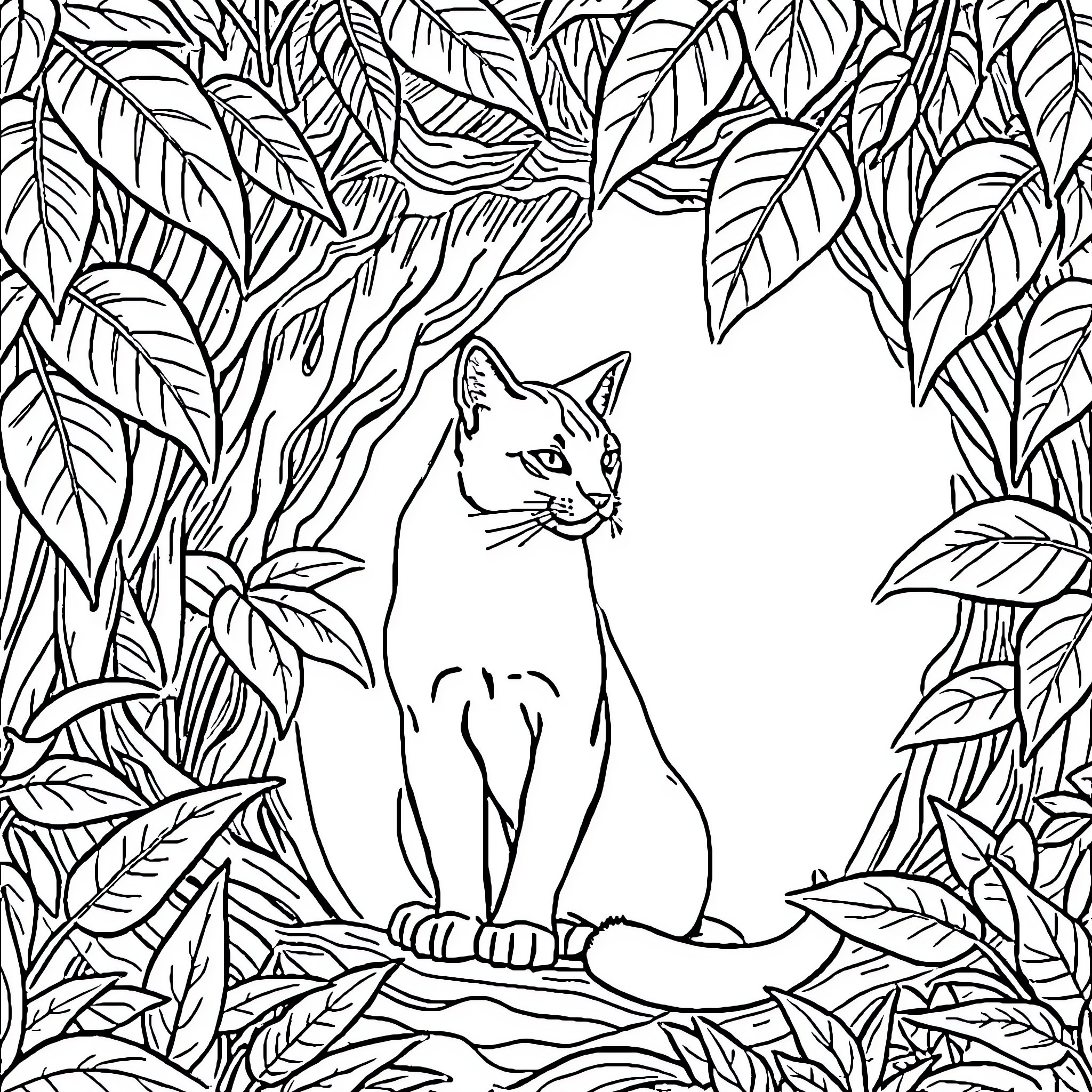 Cat Sitting Calmly in Lush Vegetation Coloring Page (free black-and-white line drawing printable PDF for all, from beginners to advanced learners, including children, teens, adults, and seniors)