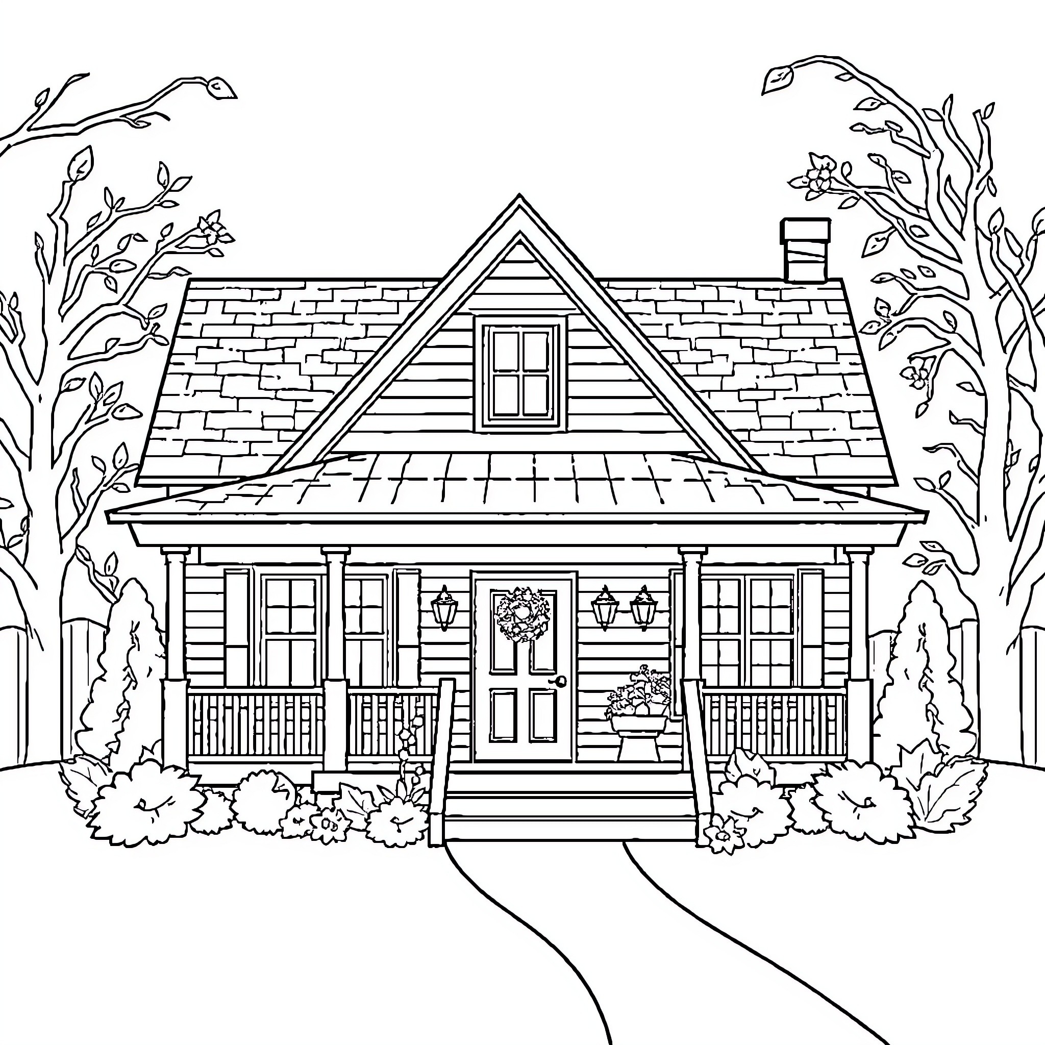 House with Decorated Porch and Surrounding Nature Coloring Page (free black-and-white line drawing printable PDF for all, from beginners to advanced learners, including children, teens, adults, and seniors)