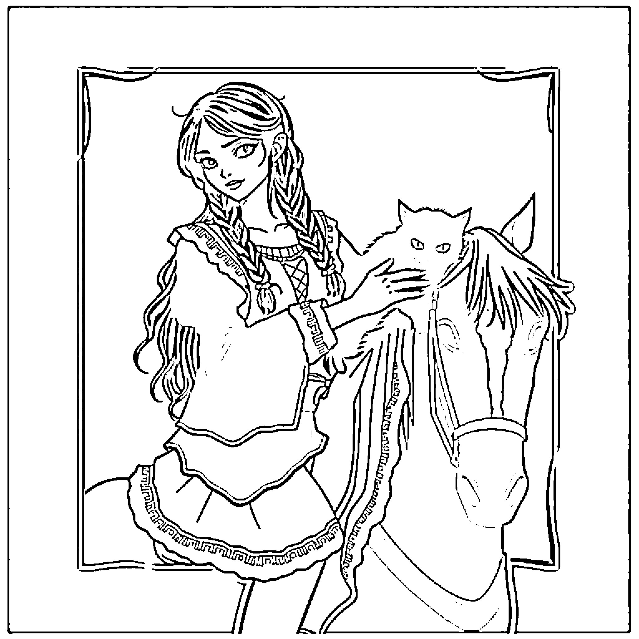 Wednesday Adams in medieval-style dress with horse Coloring Page (free black-and-white line drawing printable PDF for all, from beginners to advanced learners, including children, teens, adults, and seniors)