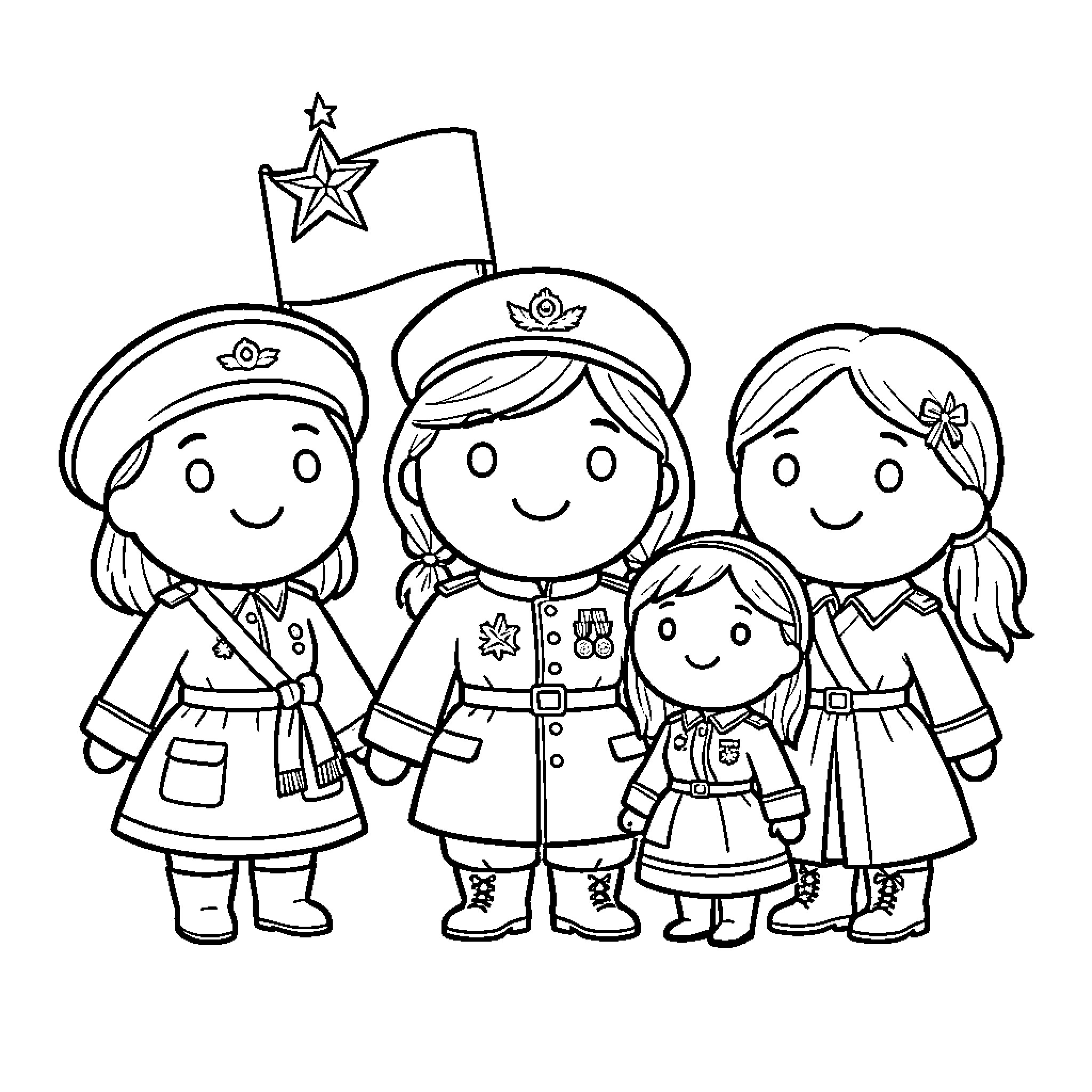 Countryball characters in military uniforms standing together Coloring Page (free black-and-white line drawing printable PDF for all, from beginners to advanced learners, including children, teens, adults, and seniors)