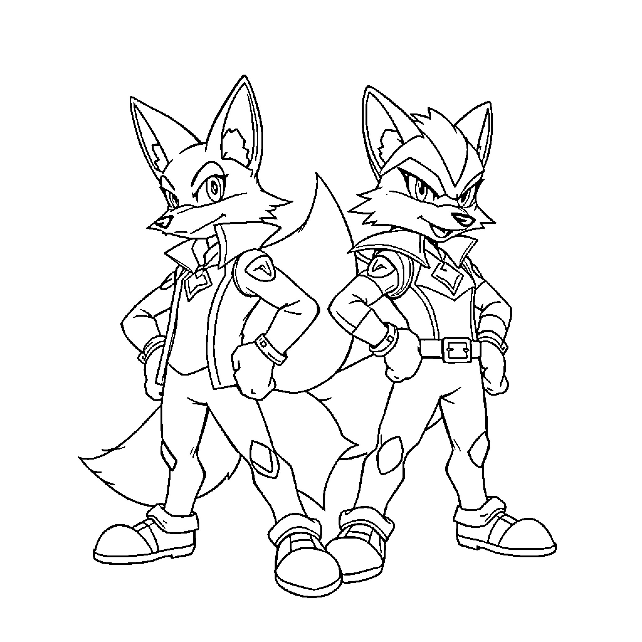 Fox-like characters in action poses and outfits Coloring Page (free black-and-white line drawing printable PDF for all, from beginners to advanced learners, including children, teens, adults, and seniors)