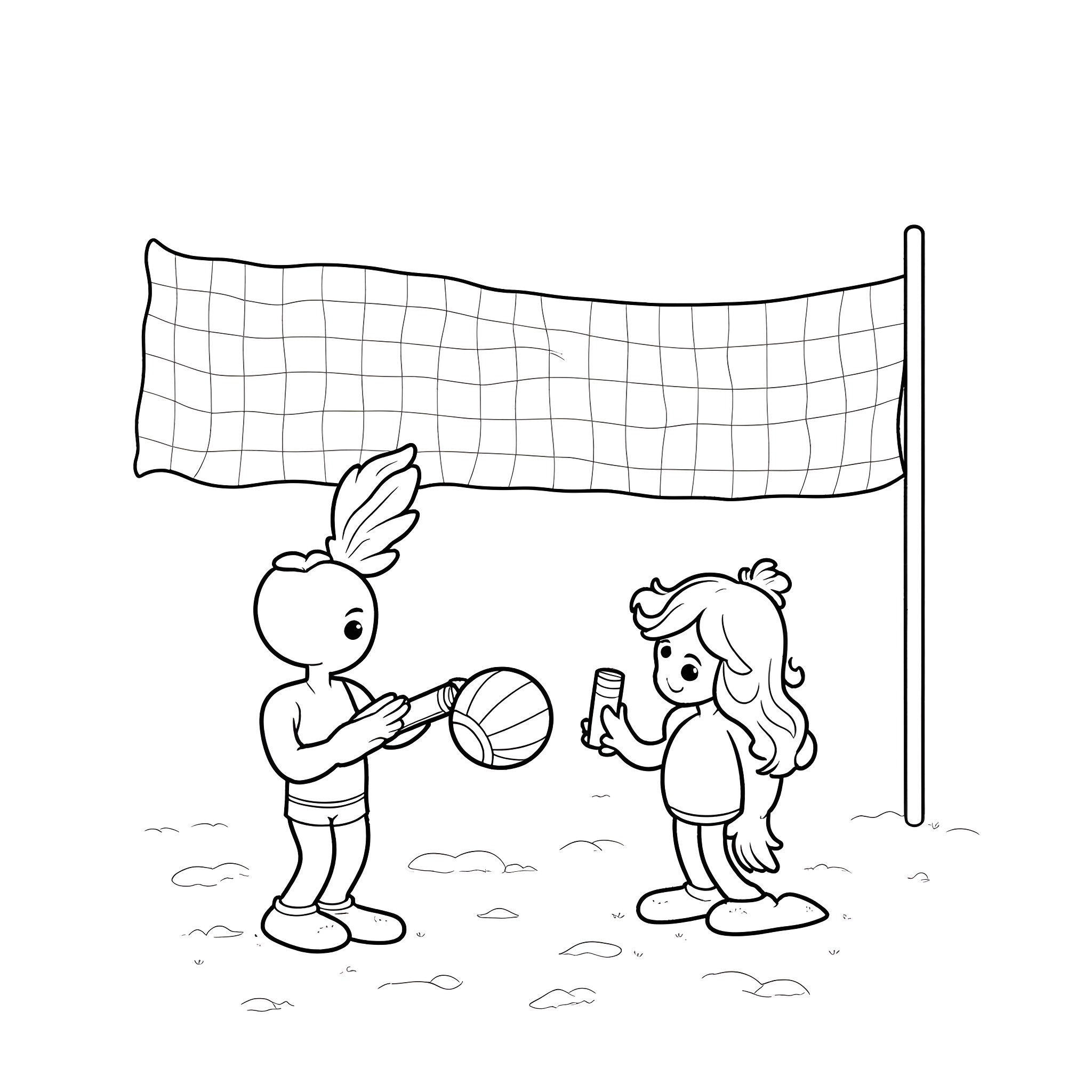 Marker Drawing of Kids Playing Volleyball Coloring Page (free black-and-white line drawing printable PDF for all, from beginners to advanced learners, including children, teens, adults, and seniors)