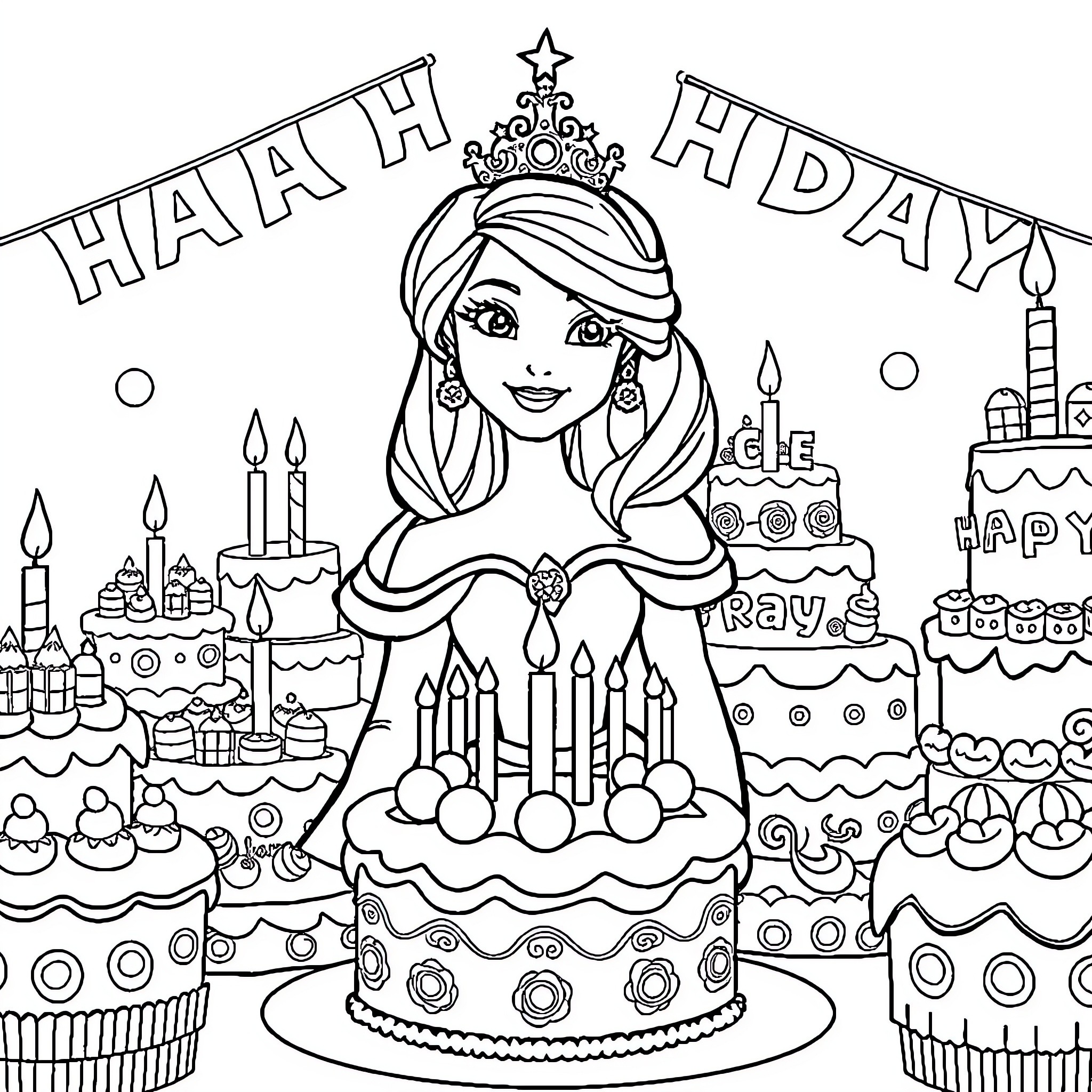 Princess Celebrating a Happy Birthday Party Coloring Page (free black-and-white line drawing printable PDF for all, from beginners to advanced learners, including children, teens, adults, and seniors)