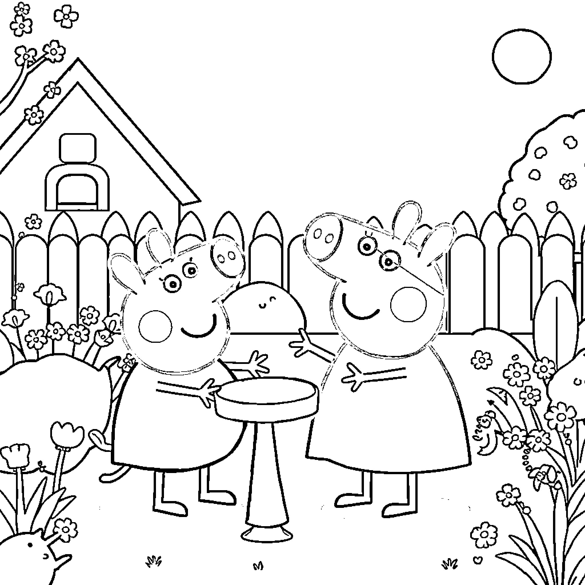 Peppa Pig and her friend playing in the garden Coloring Page (free black-and-white line drawing printable PDF for all, from beginners to advanced learners, including children, teens, adults, and seniors)