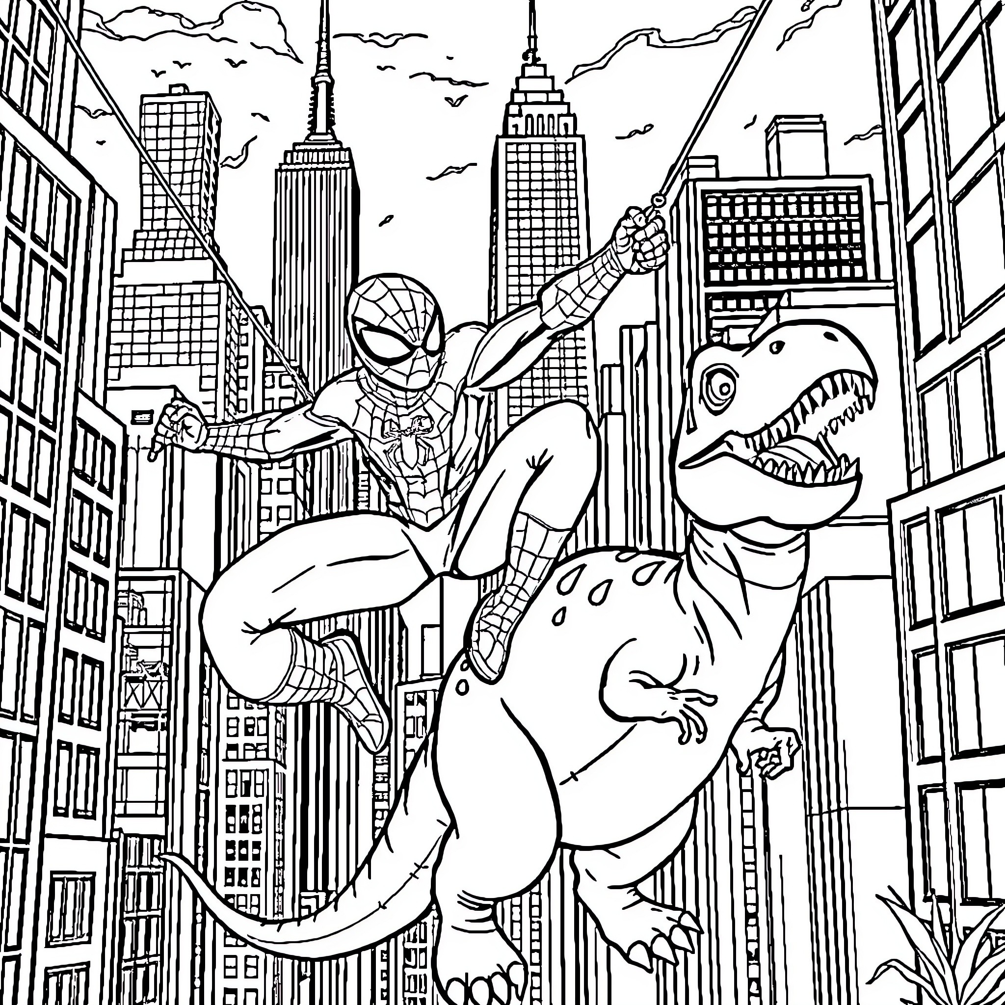 Spiderman swinging through the city with a dinosaur Coloring Page (free black-and-white line drawing printable PDF for all, from beginners to advanced learners, including children, teens, adults, and seniors)